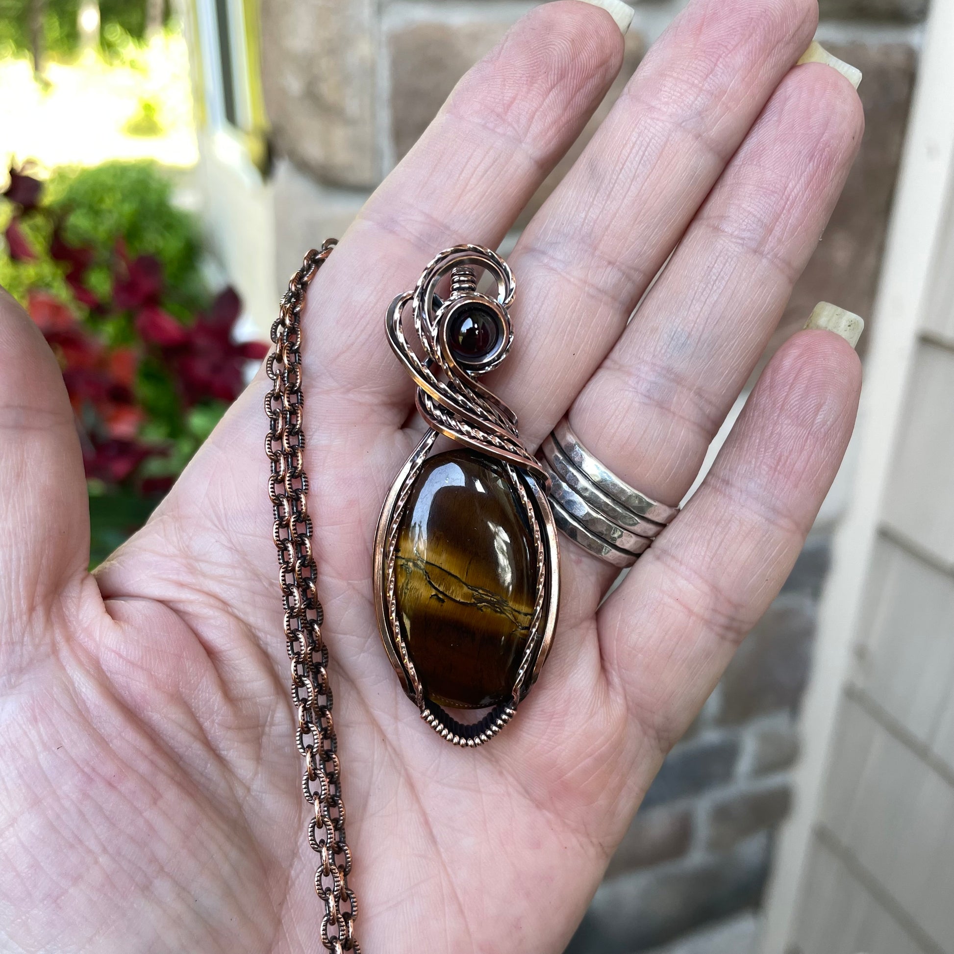 Tiger Eye & Garnet Oval Copper Pendant