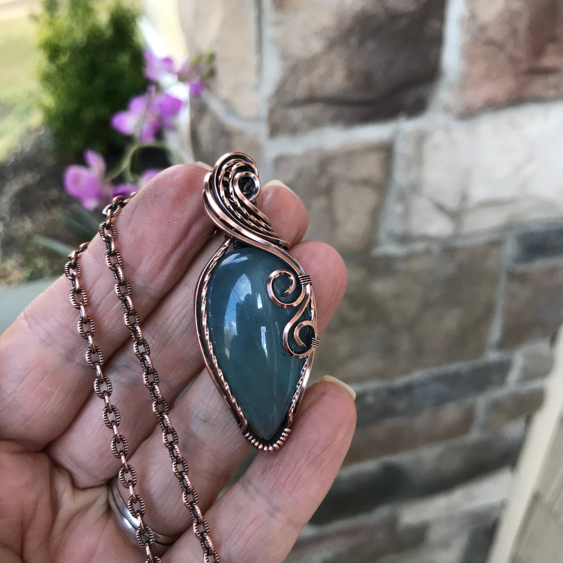 Aquamarine Teardrop Swirly Copper Pendant