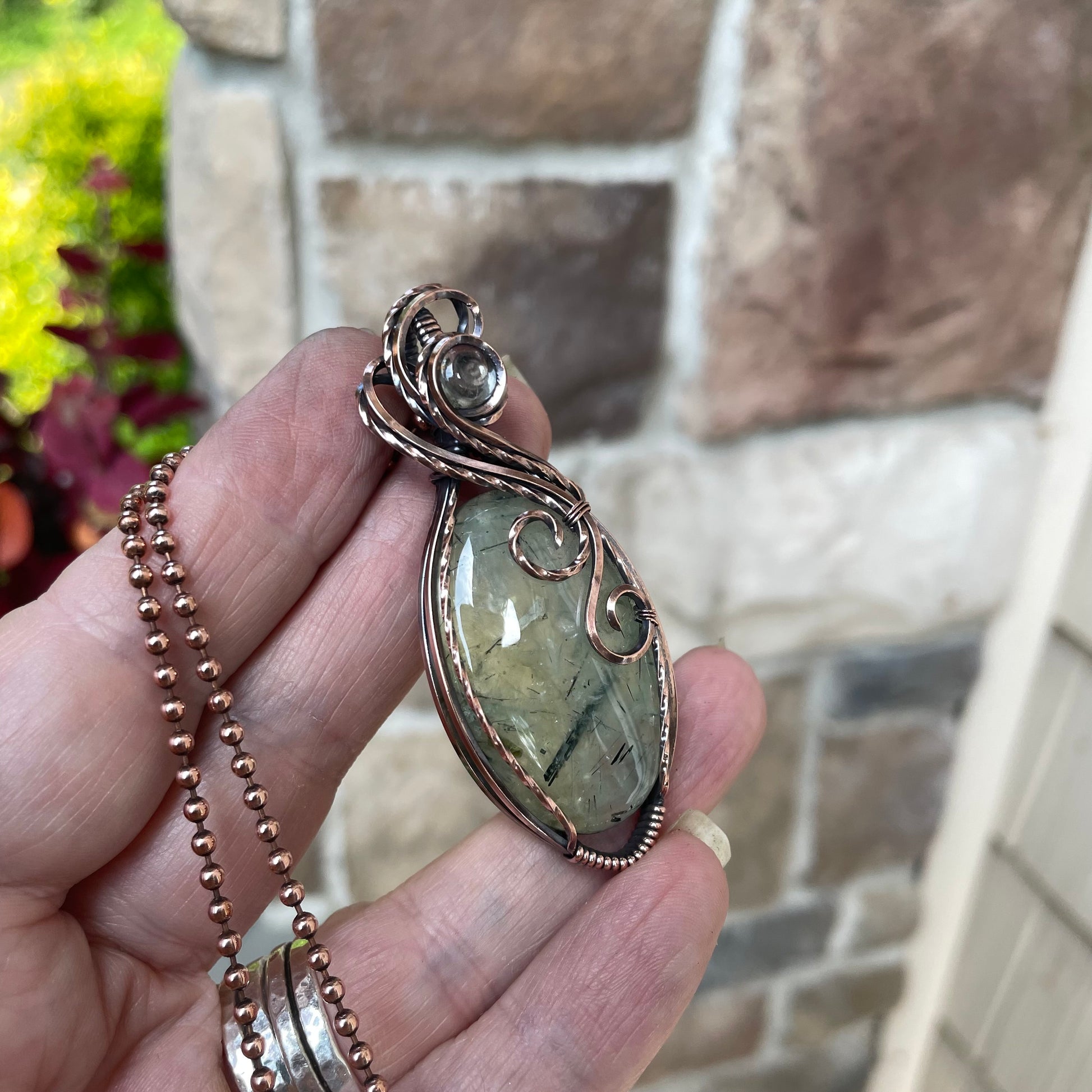 Prehnite & Prasiolite Swirly Copper Pendant