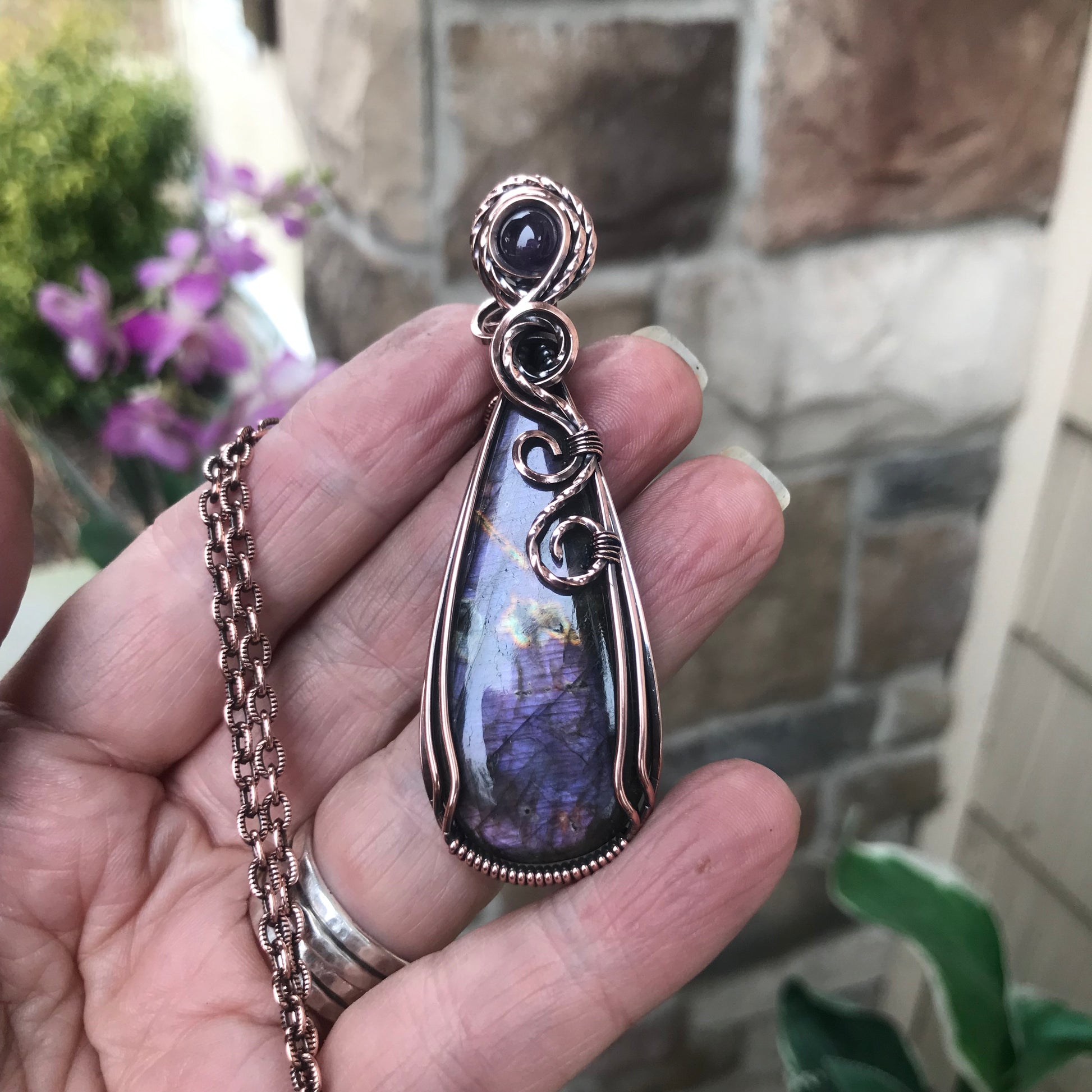 Purple Labradorite & Amethyst Slender Teardrop Copper Pendant