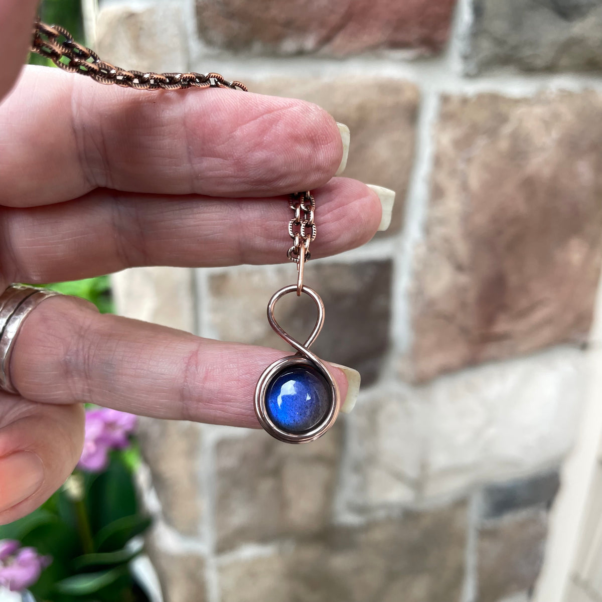 Blue Labradorite Round Mini Copper Pendant