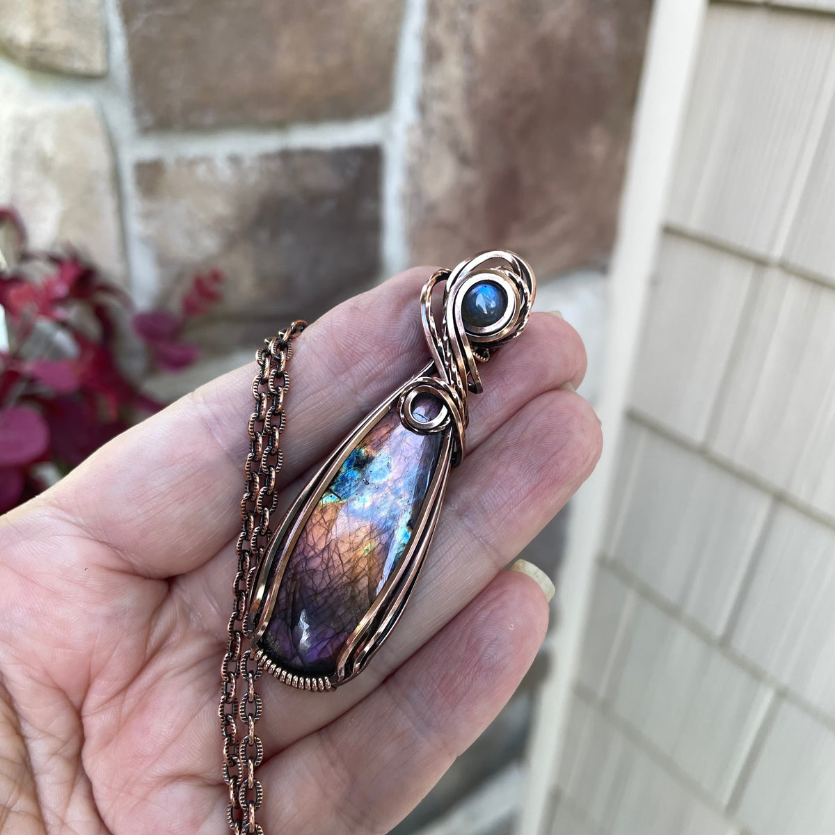 Orange & Purple Labradorite Slender Copper Pendant
