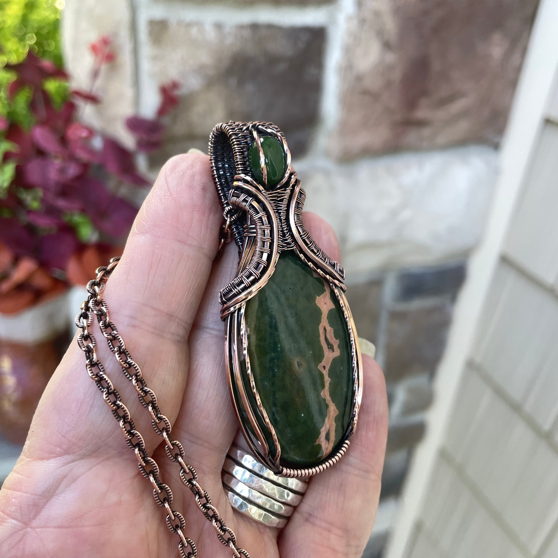 Ocean Jasper & Jade  Copper Pendant with Weaving
