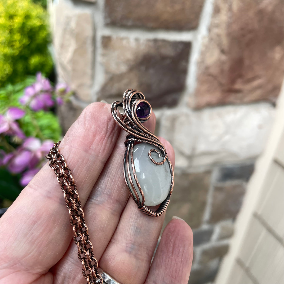 Whie Moonstone & Amethyst Copper Pendant