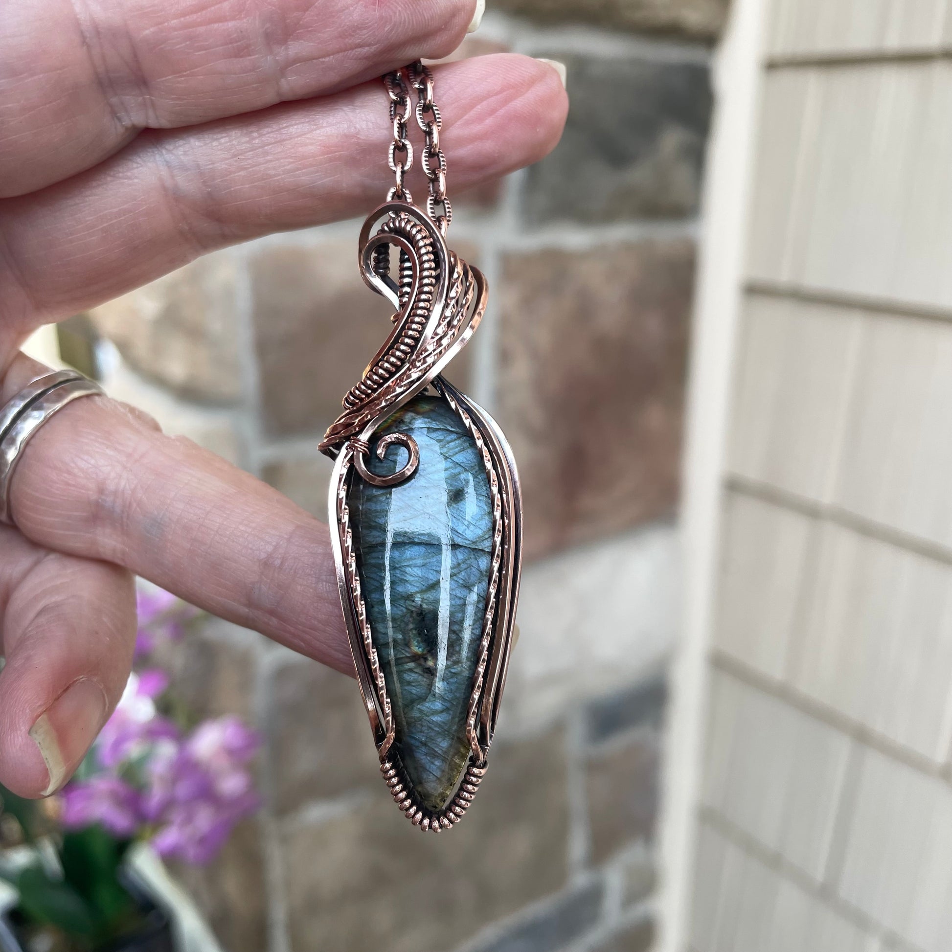Slate Blue Slender Labradorite Copper Pendant