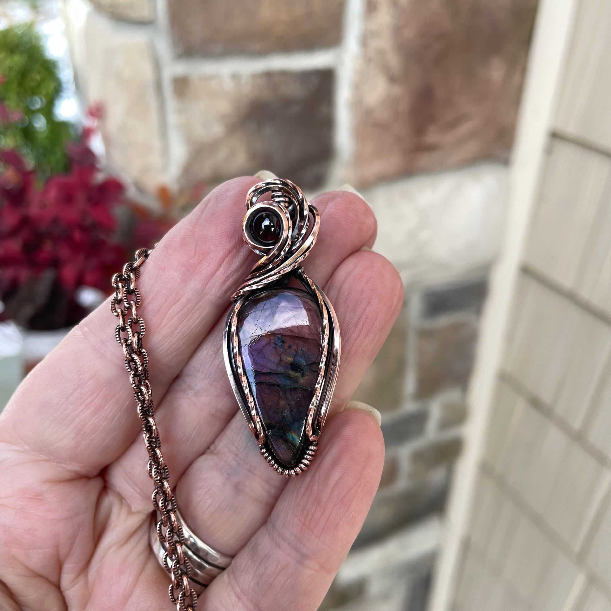 Purple Maroon Labradorite & Garnet Swirly Copper Pendant