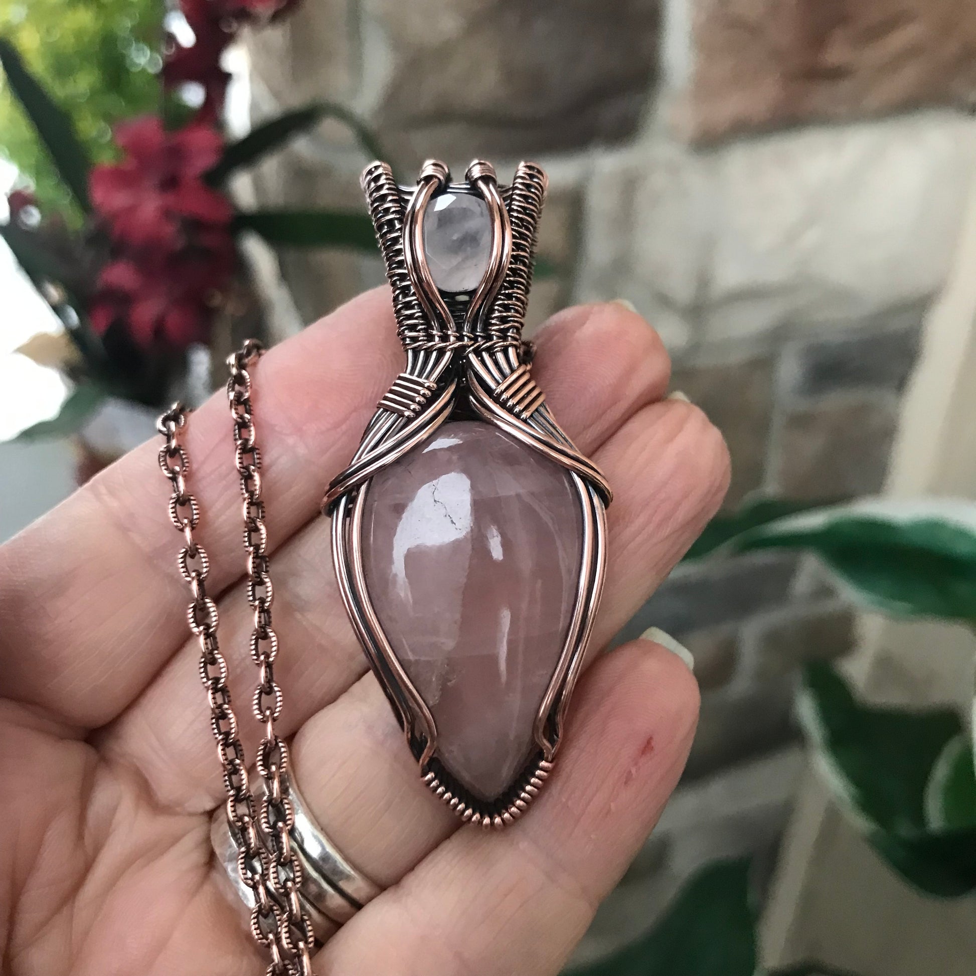 Rose Quartz with Faceted Rose Quartz Copper Pendant