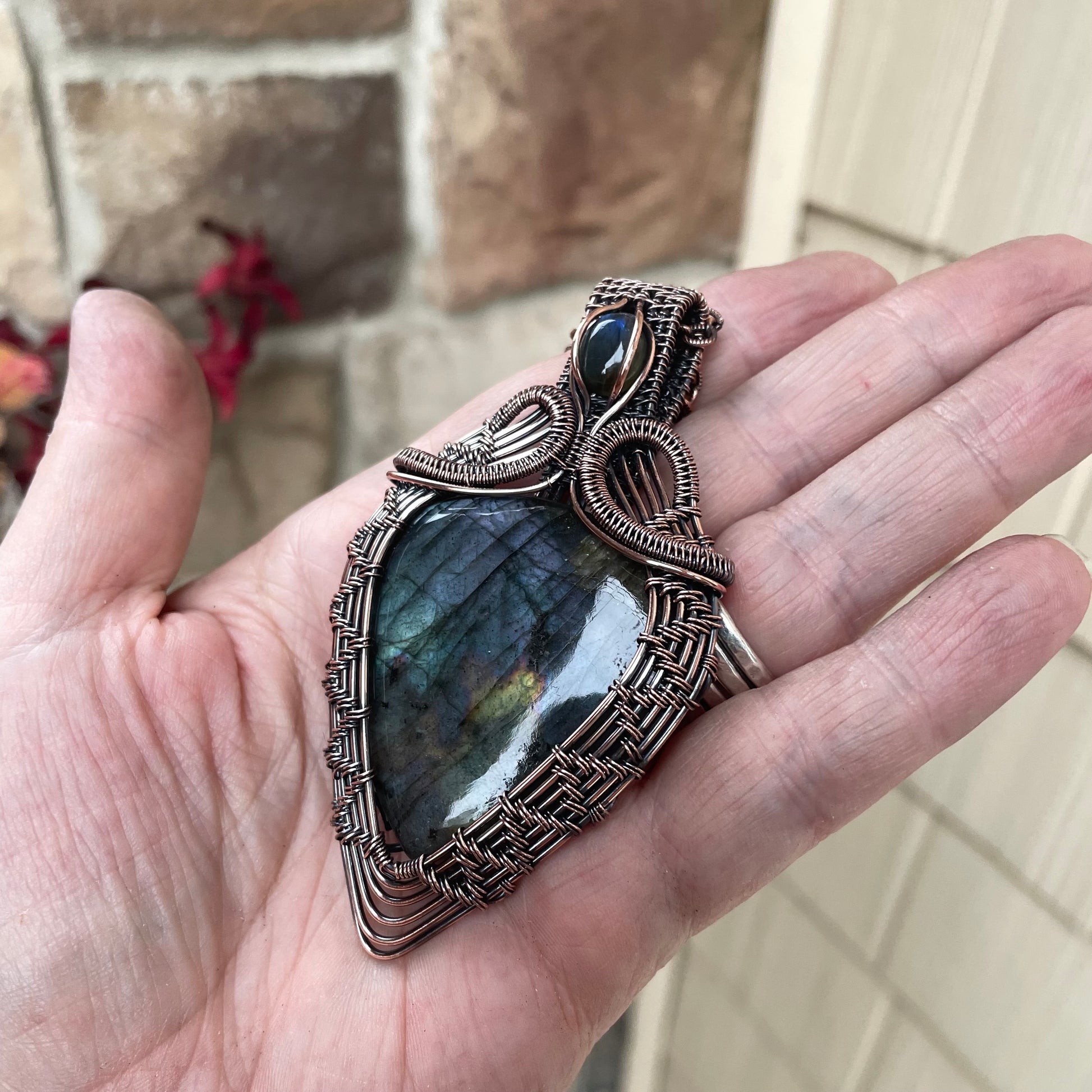 Blue Purple Labradorite Woven Copper Pendant