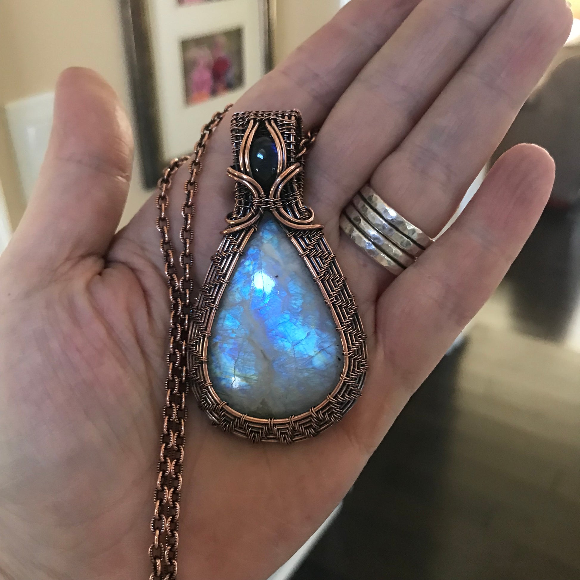 Rainbow Moonstone w/ Blue Labradorite Woven Copper Pendant