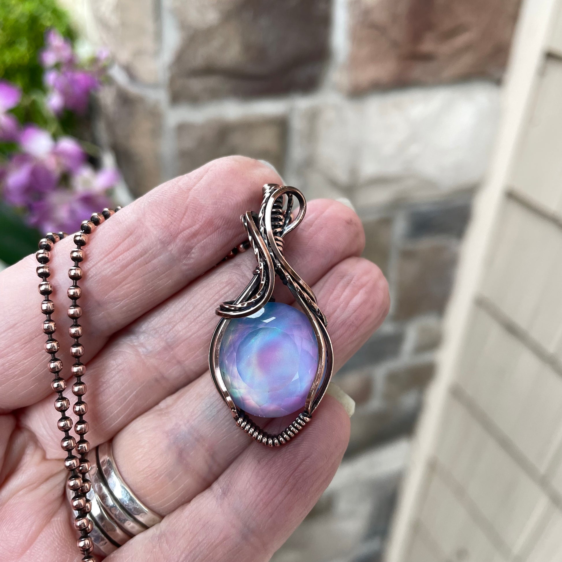 Aurora Opal Pink Purple Round Copper Pendant