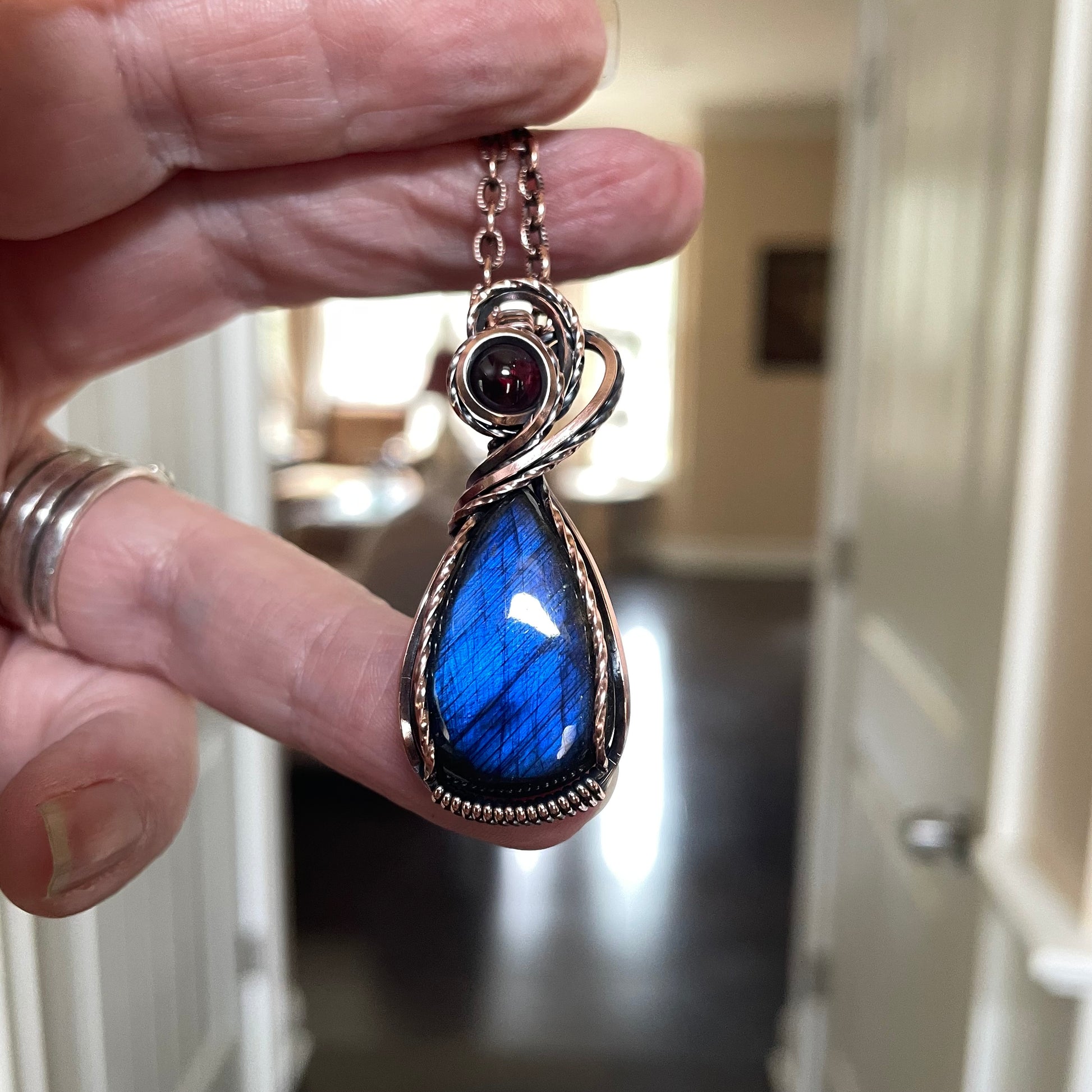 Blue Labradorite & Garnet Copper Pendant