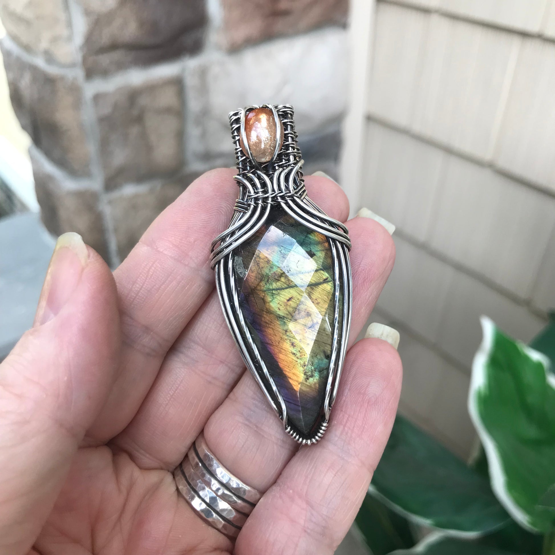 Rainbow Labradorite & Sunstone Silver Pendant