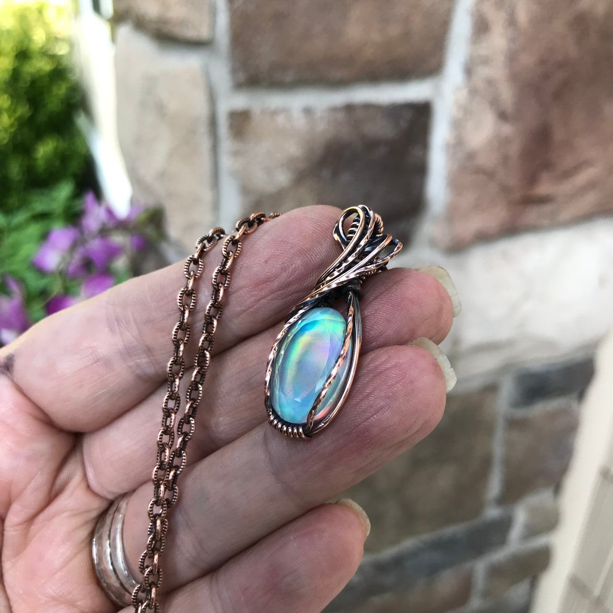Aurora Opal Green Pink Copper Necklace