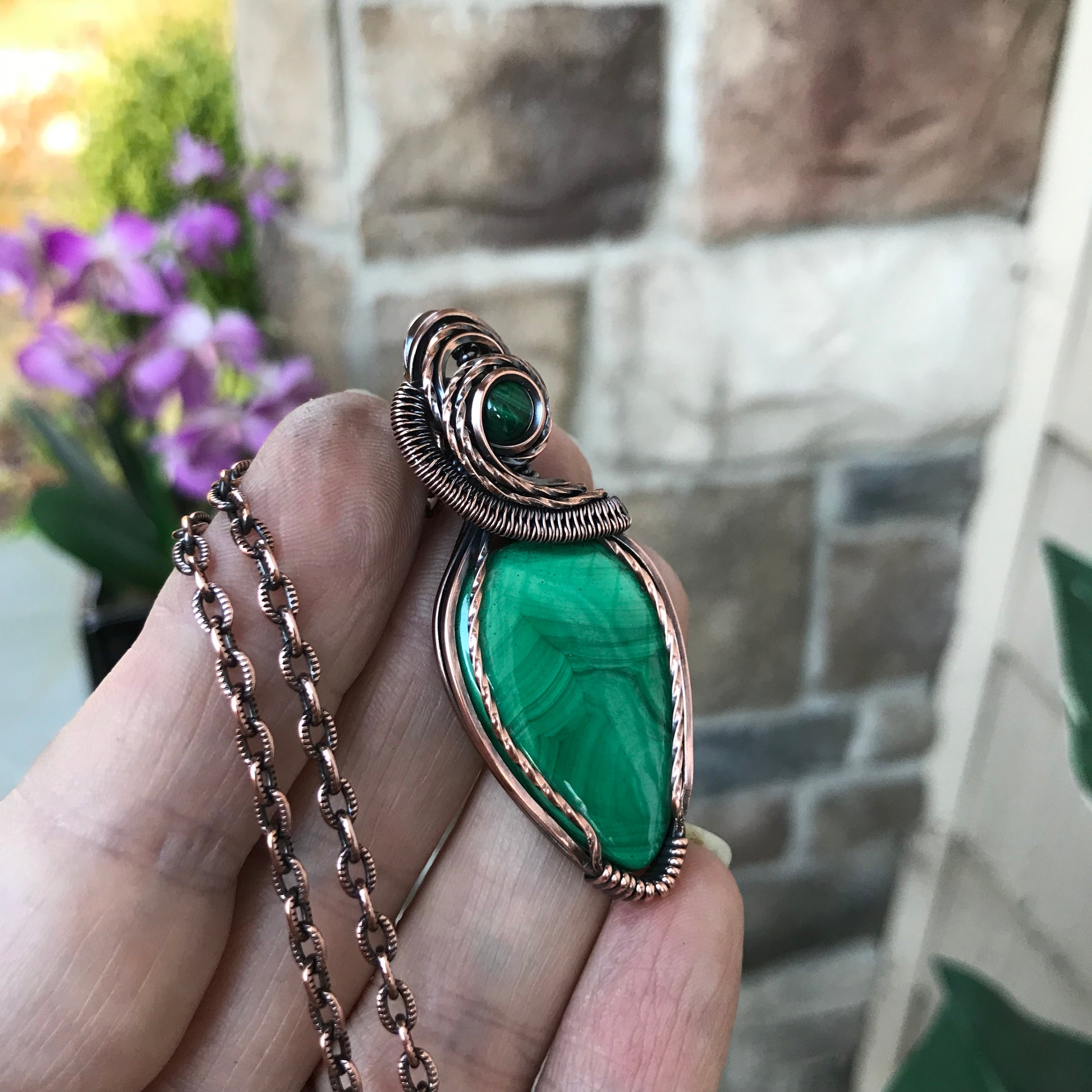 Malachite w/Malachite Accent Copper Teardrop Pendant