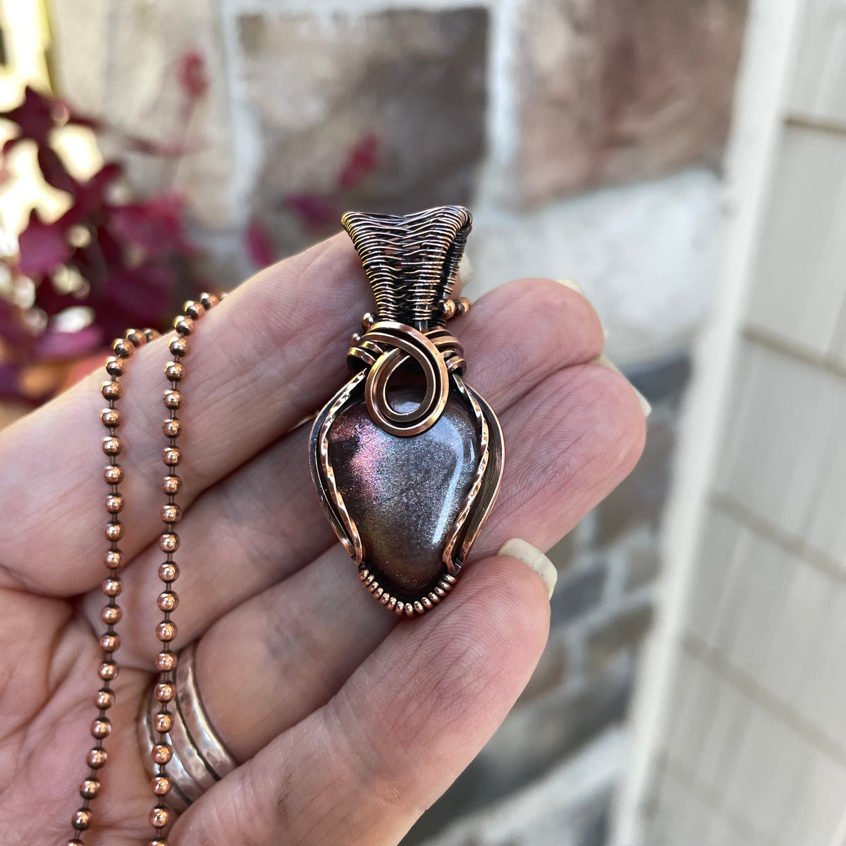 Moonstone Sunstone Teardrop Copper Pendant