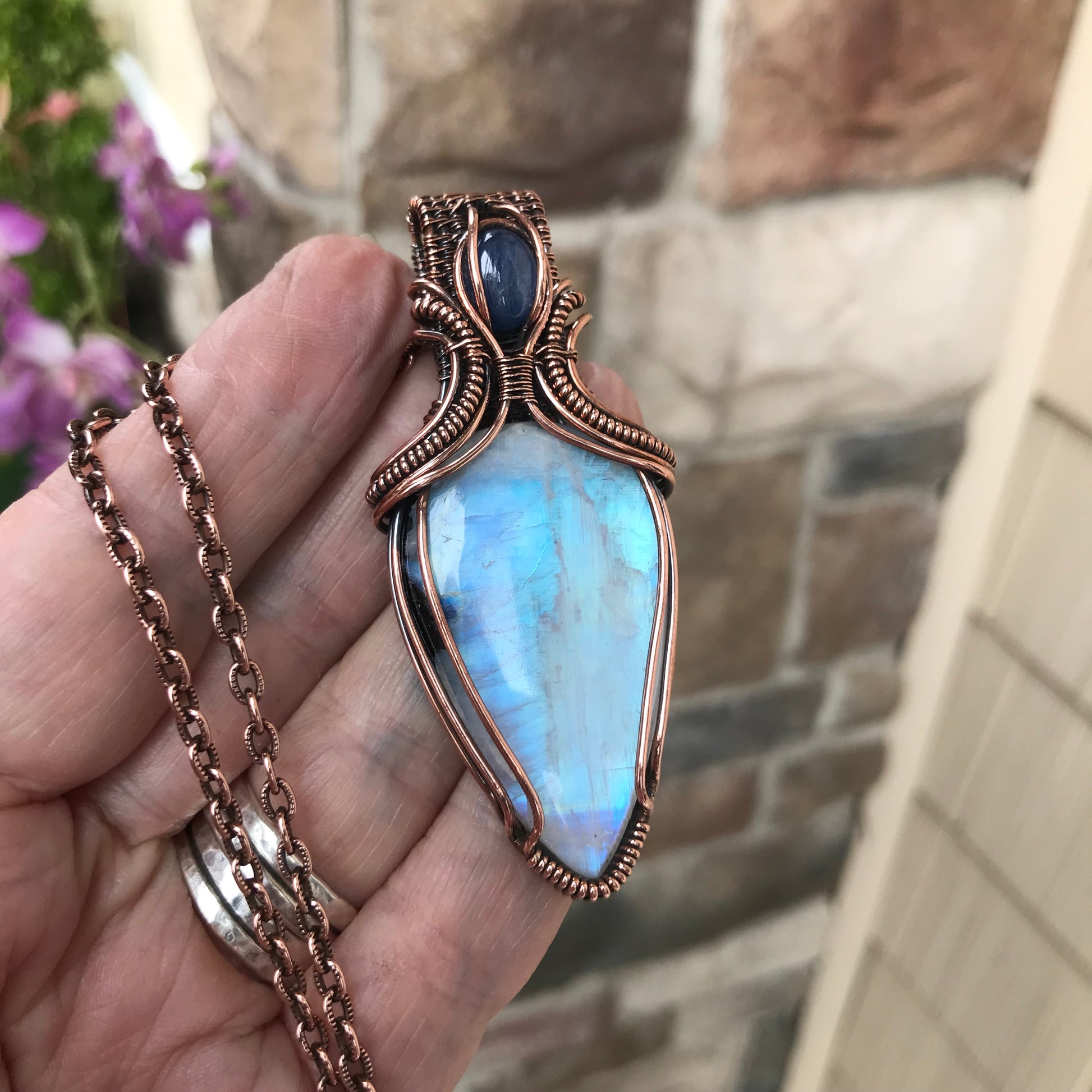 RESERVED - Rainbow Moonstone w/Black Tourmaline & Kyanite Copper Pendant