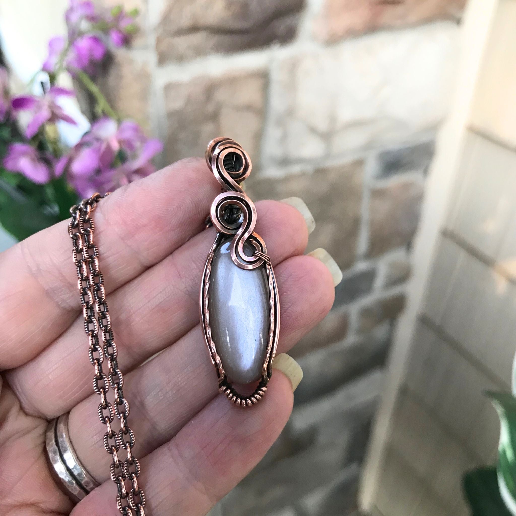 Gray Moonstone Slender Oval Copper Necklace