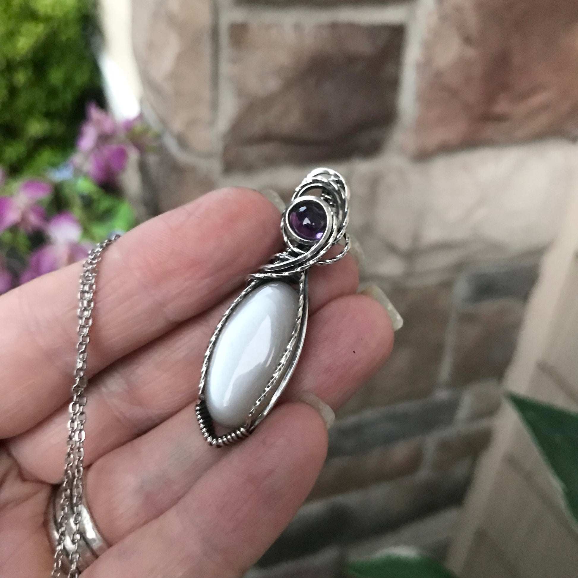 Light Gray Moonstone & Amethyst Sterling Silver Pendant