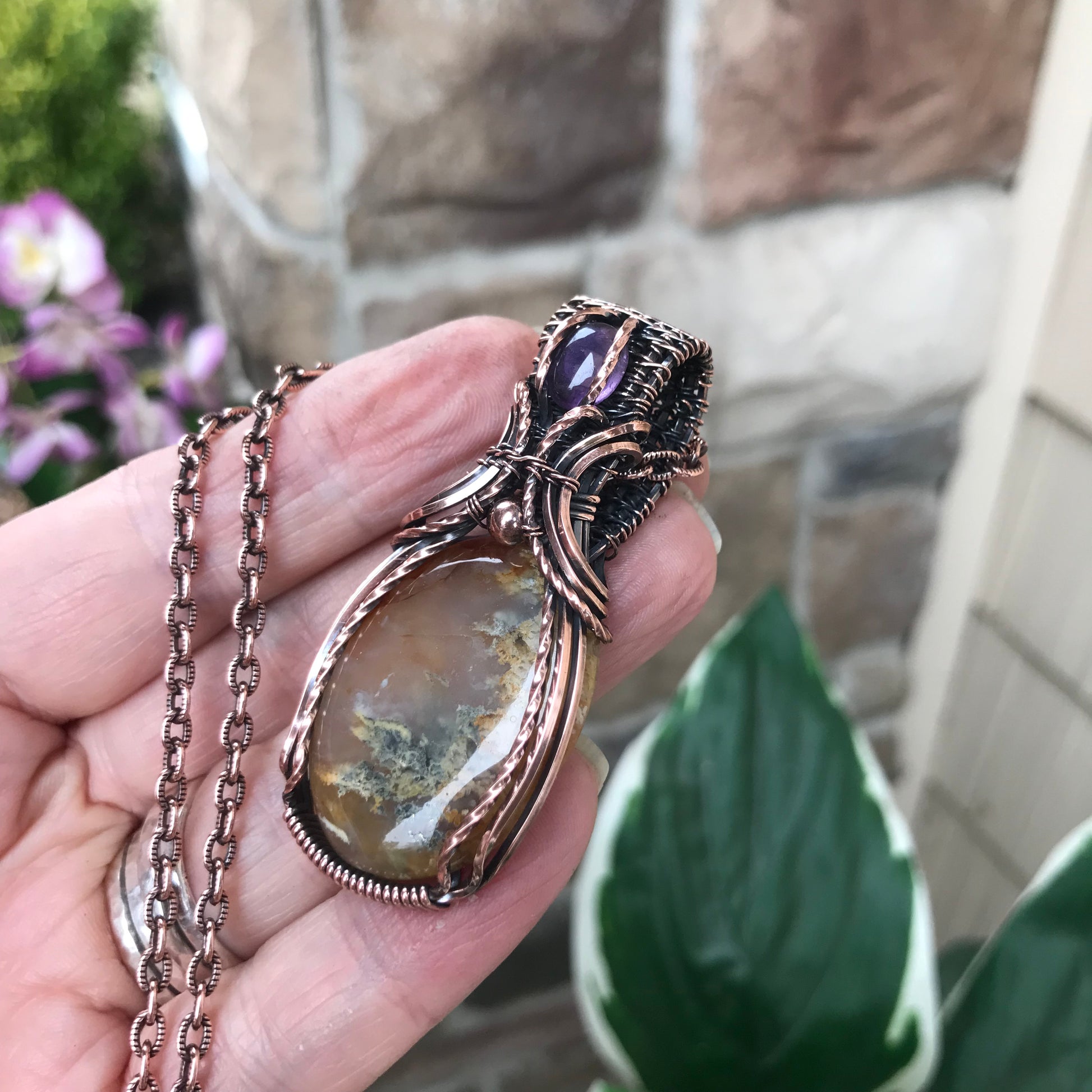 CUSTOM LISTING - Graveyard Point Plume Agate & Amethyst Copper Pendant