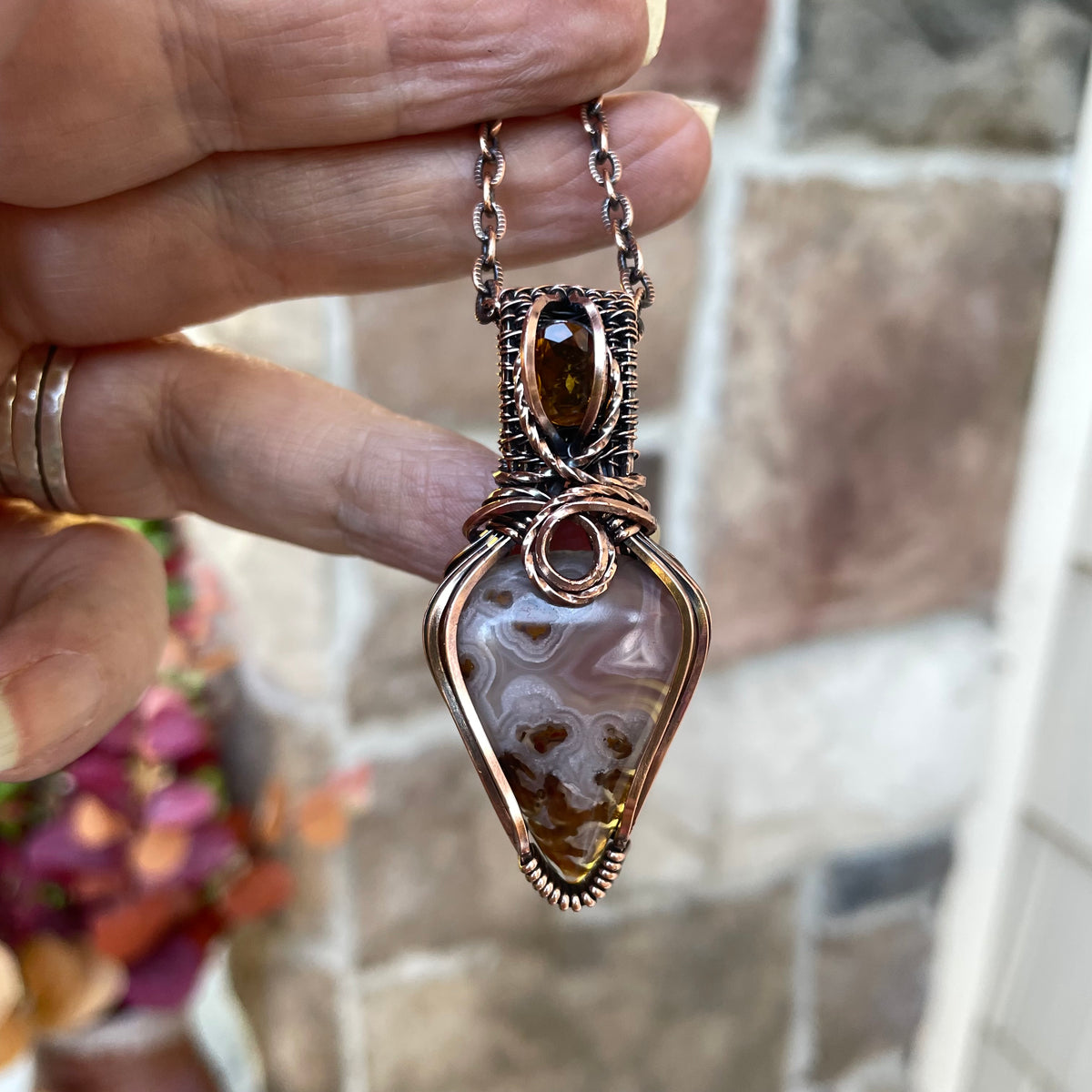 Pink Agua Nueva Plume Moss Agate & Honey Garnet Copper Necklace