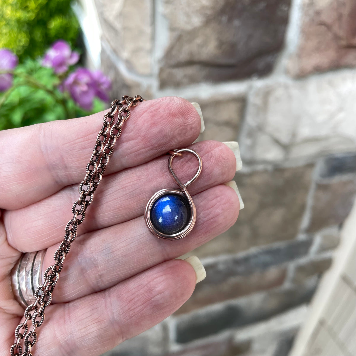 Blue Labradorite Round Mini Copper Pendant