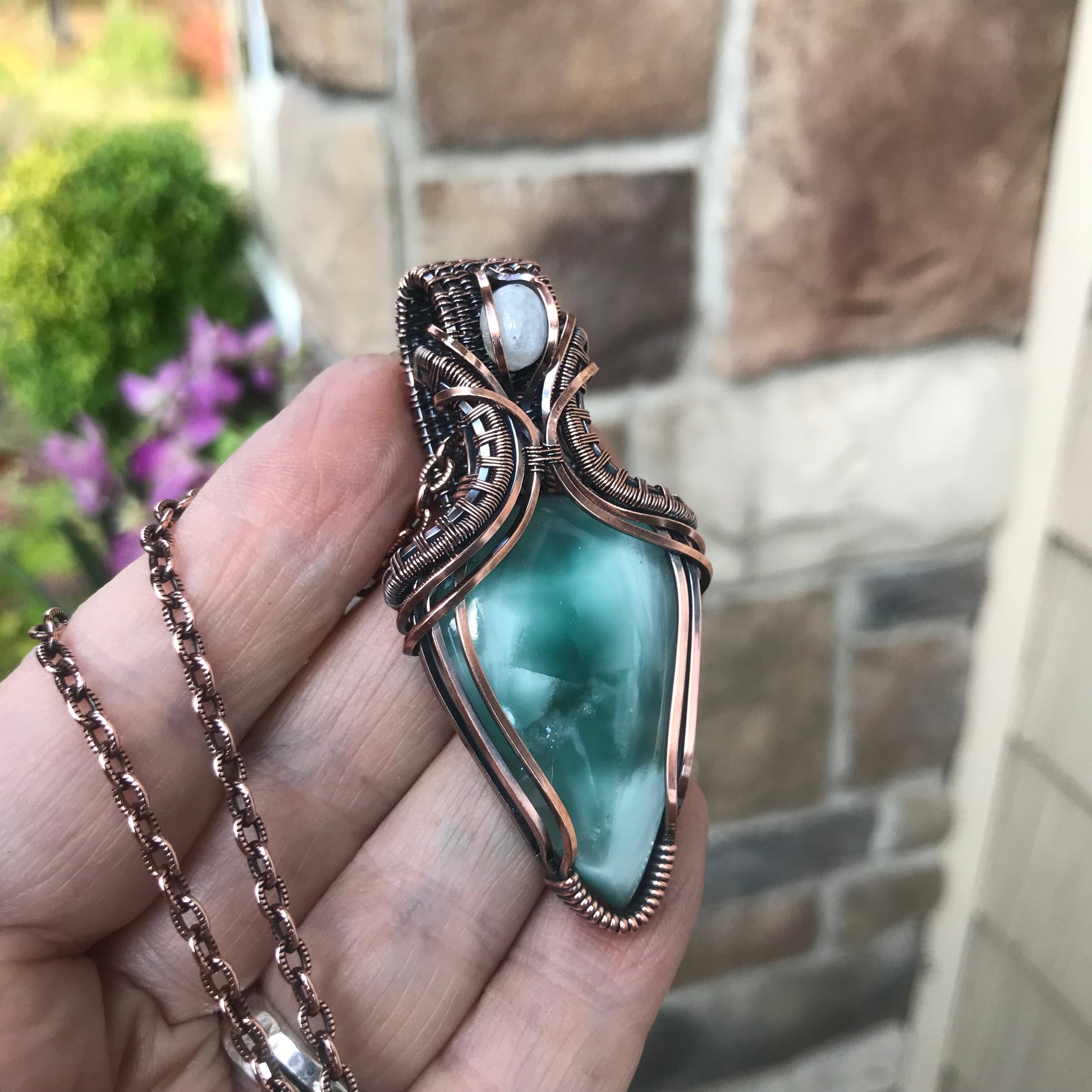 RESERVED FOR K - Hemimorphite & Moonstone Copper Pendant with Weaving