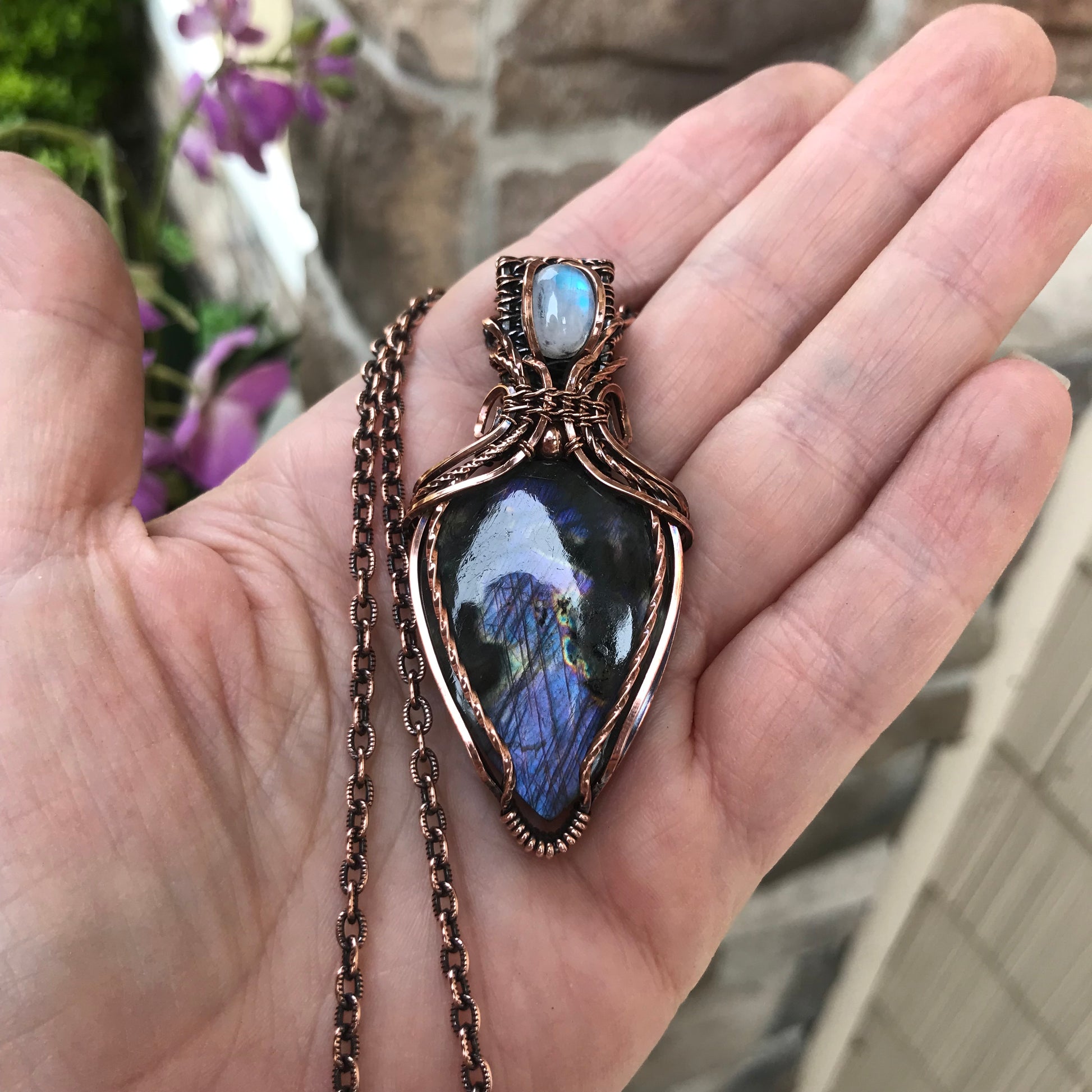 Purple Labradorite & Moonstone Copper Necklace with Woven Bail