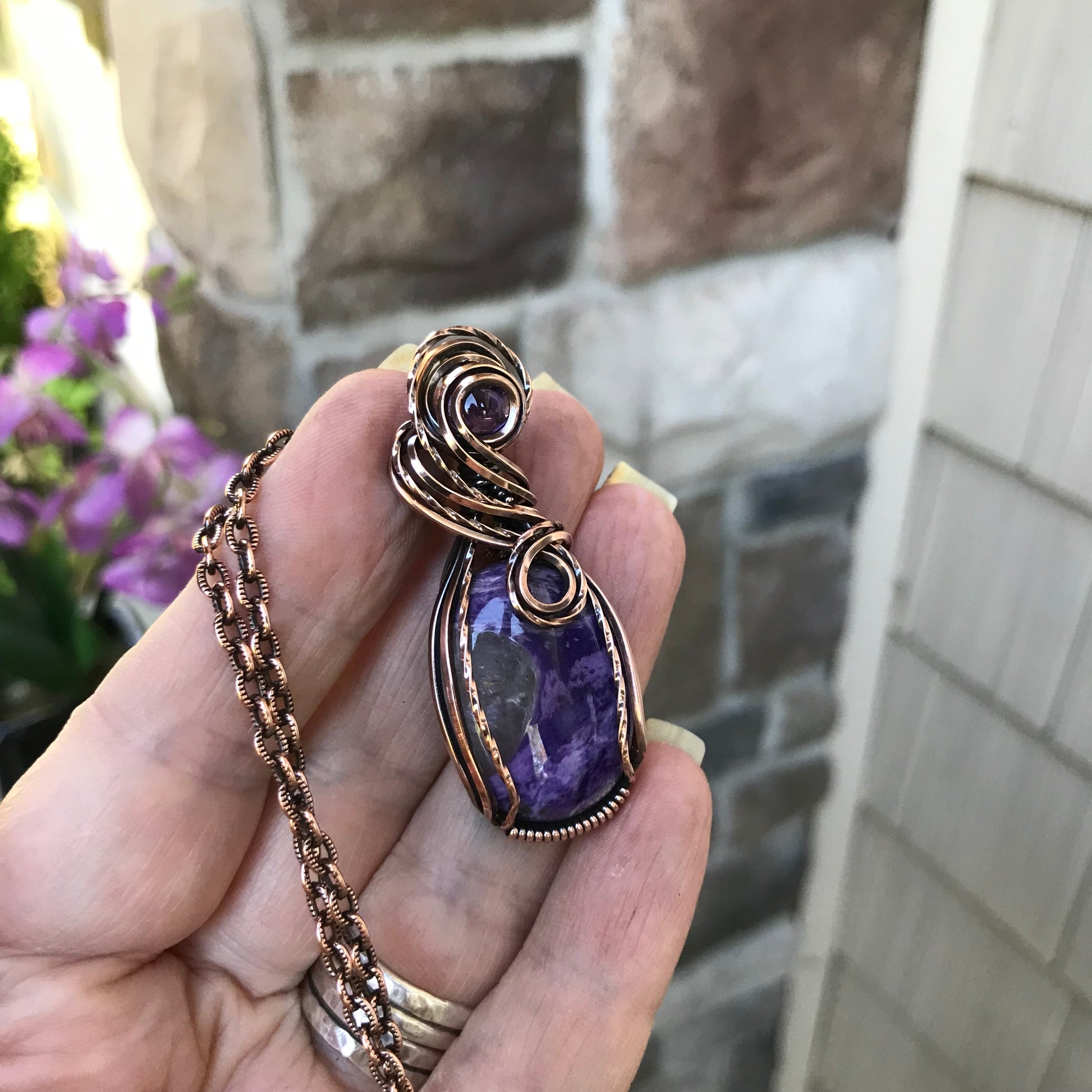 Charoite & Amethyst Oval Copper Pendant