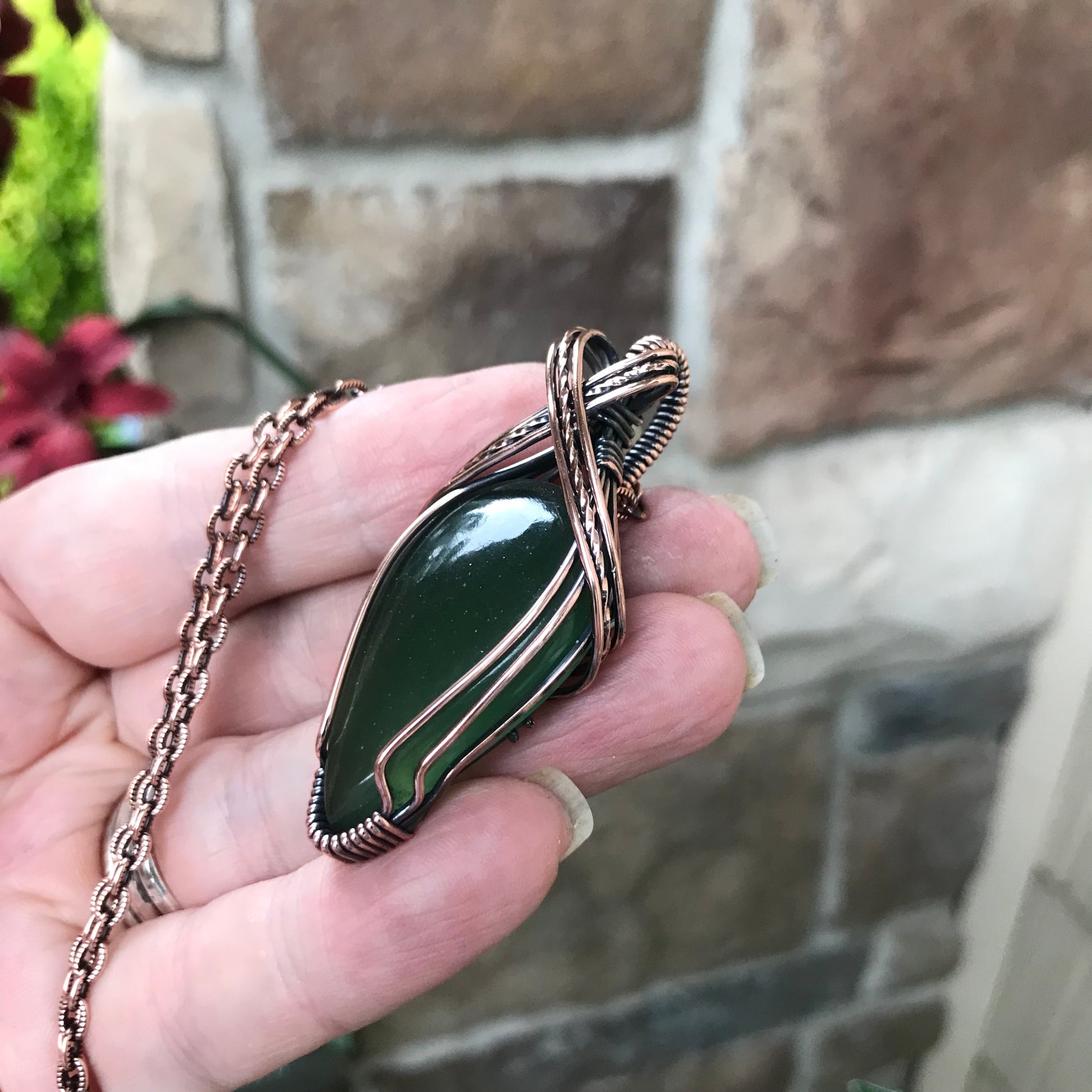 Green Serpentine Teardrop  Copper Pendant