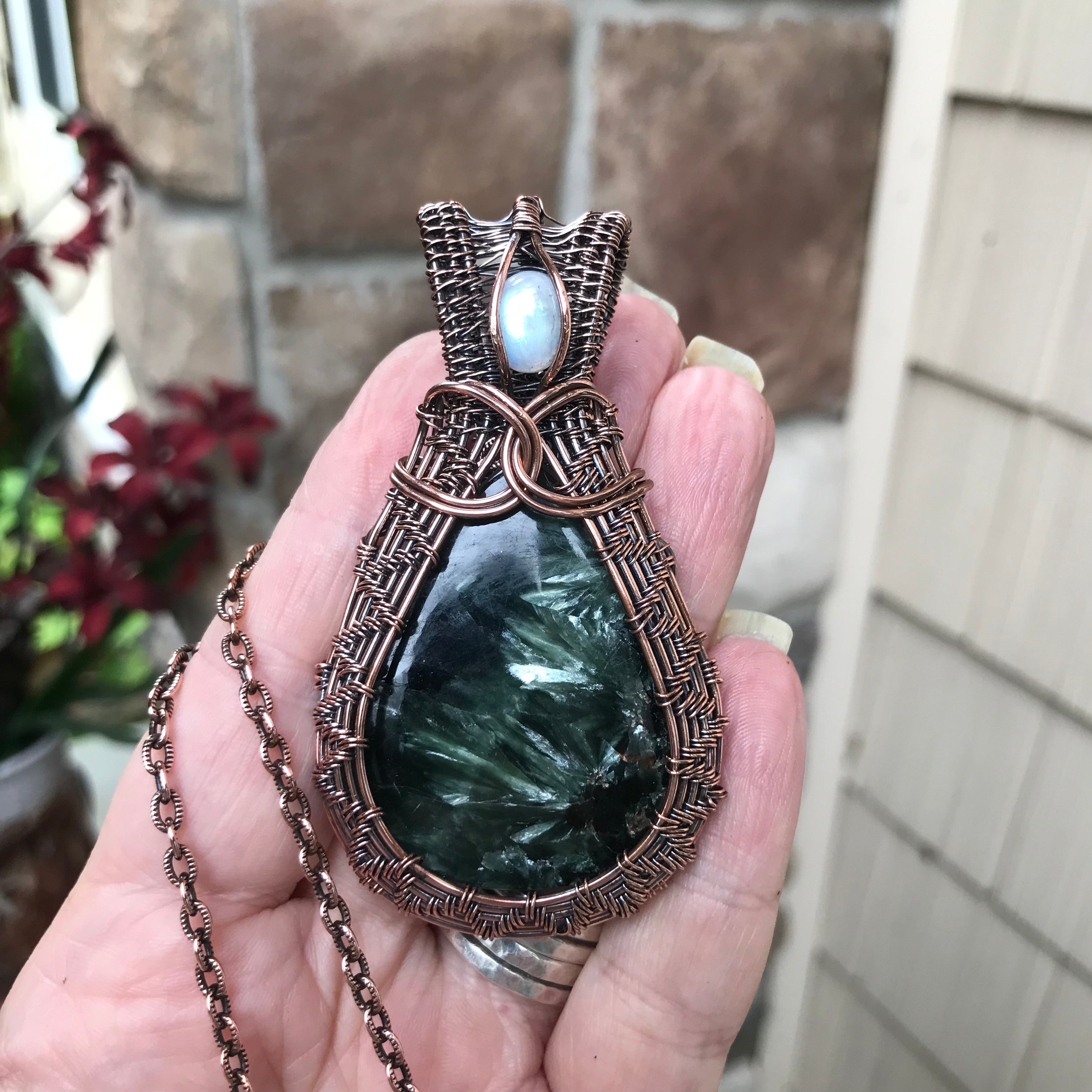 Seraphinite & Moonstone Woven Copper Pendant
