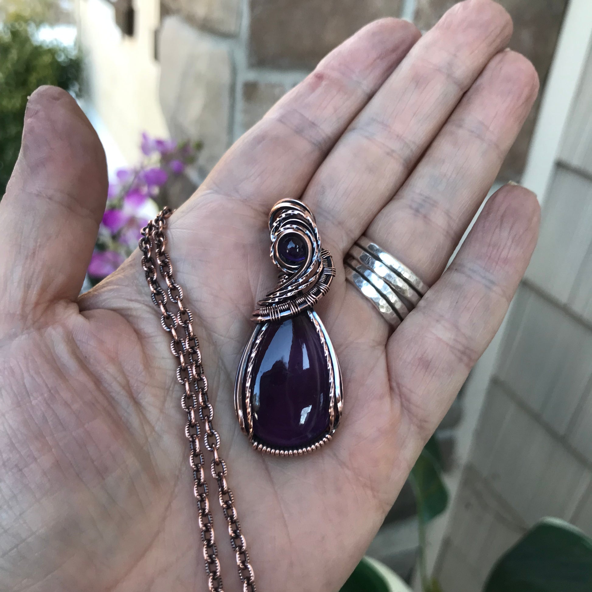 Amethyst with Amethyst Accent Teardrop Copper Pendant