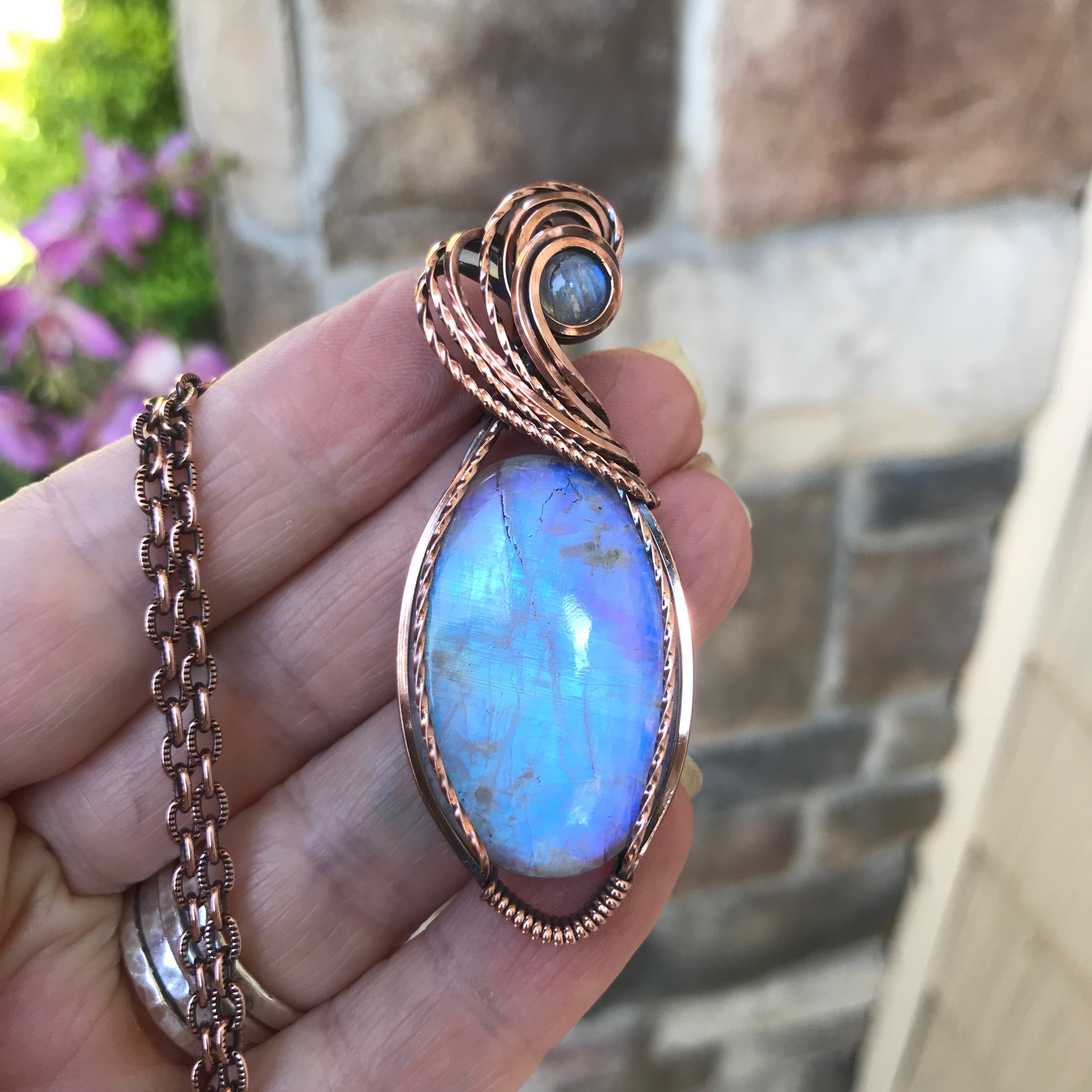 Blue Moonstone Oval Copper Pendant