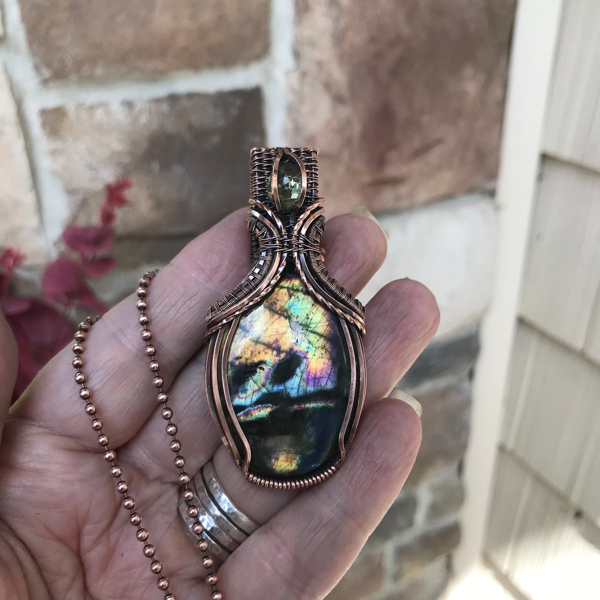 Yellow Orange Labradorite & Lemon Quartz Oval Copper Necklace with Weaving