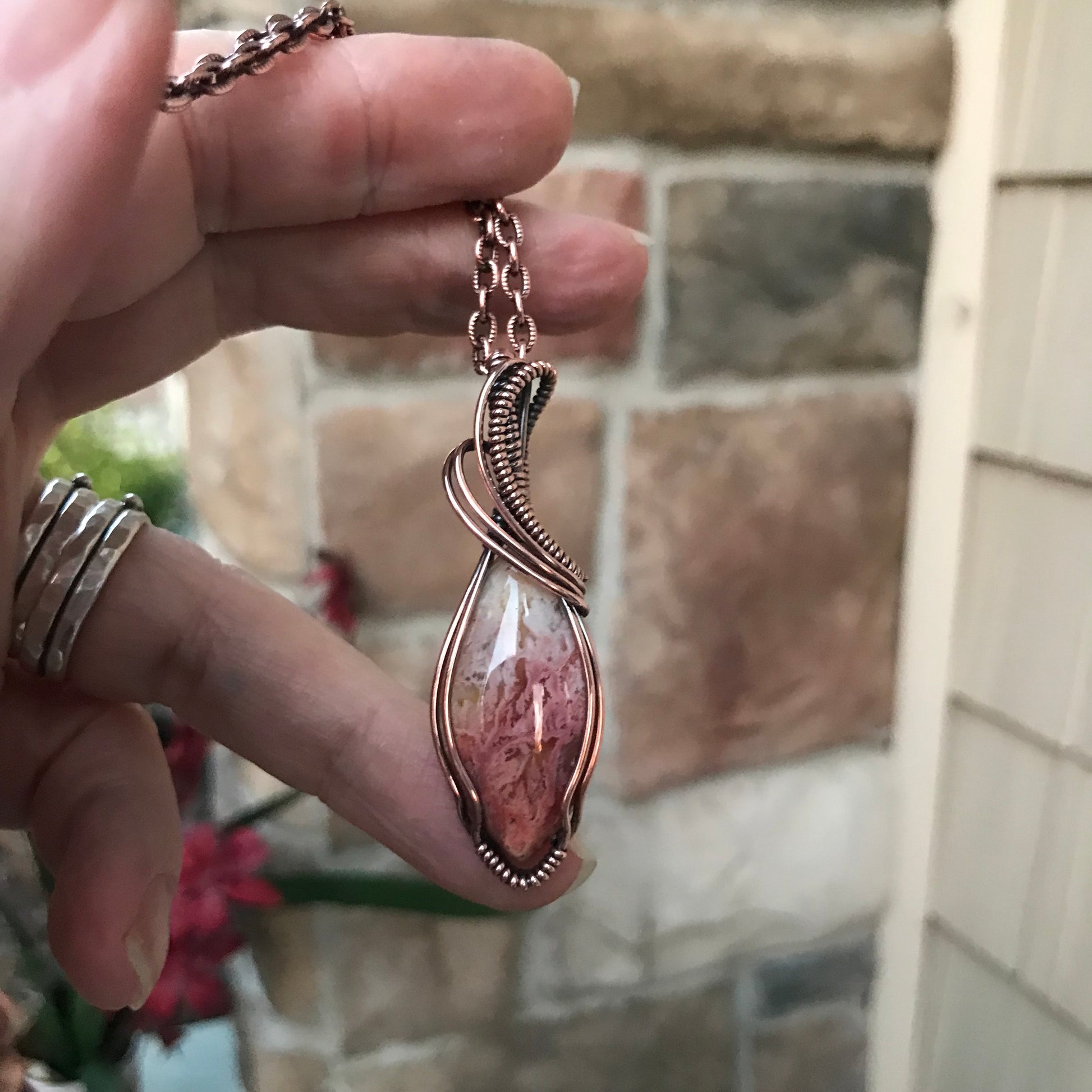 Feather Ridge Plume Agate Marquis Copper Pendant