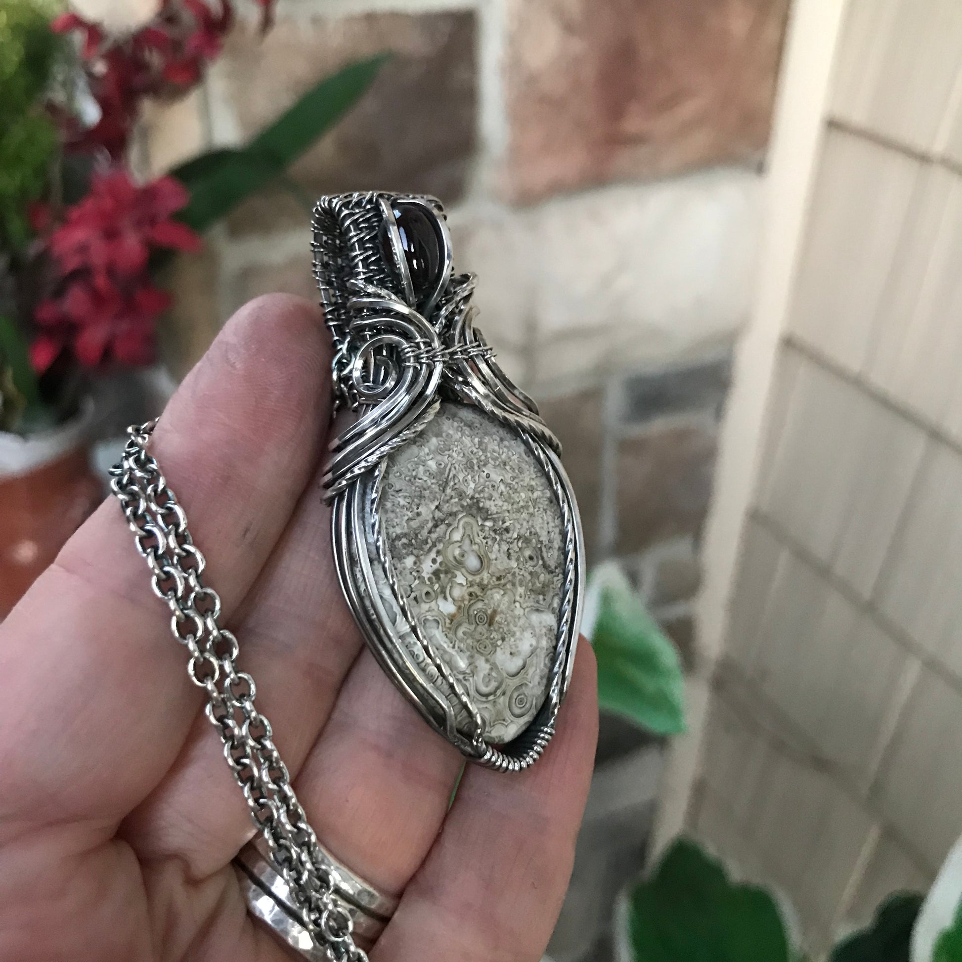 Mexican Crazy Lace Agate & Garnet Oval Sterling Silver Necklace