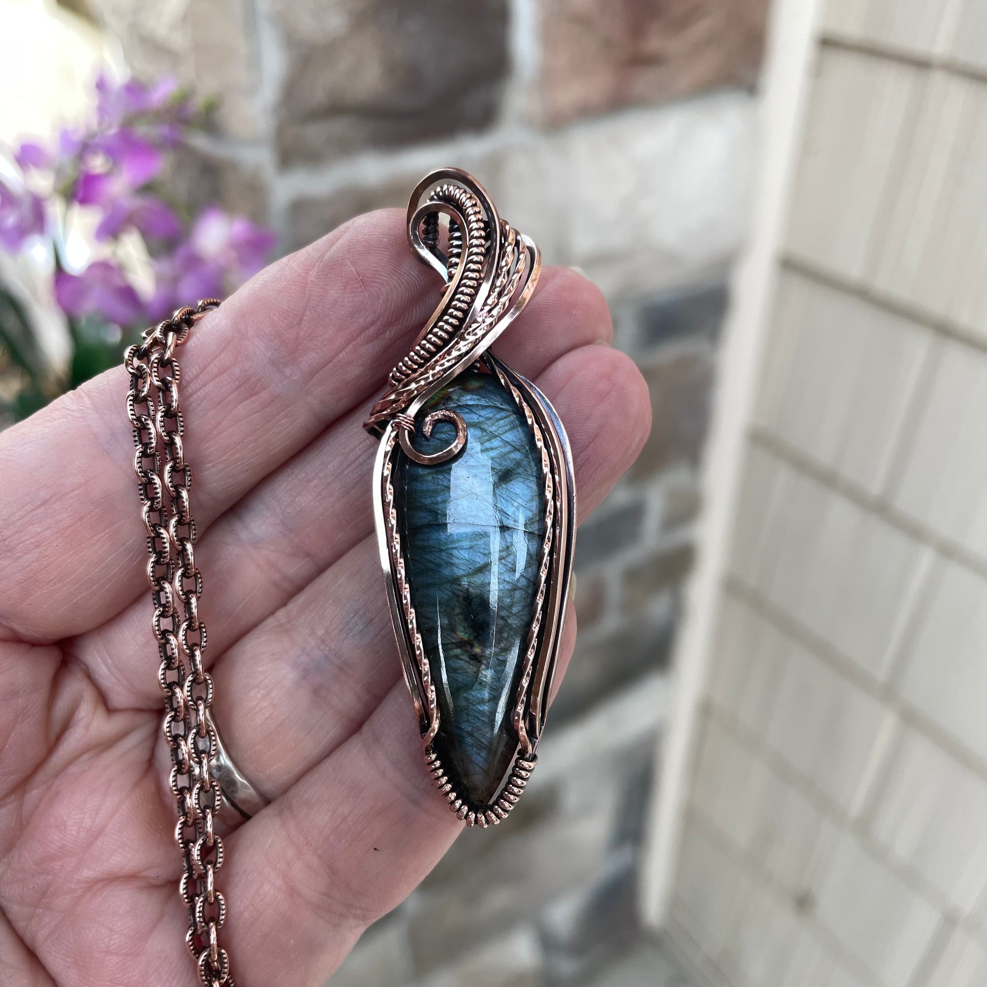 Slate Blue Slender Labradorite Copper Pendant