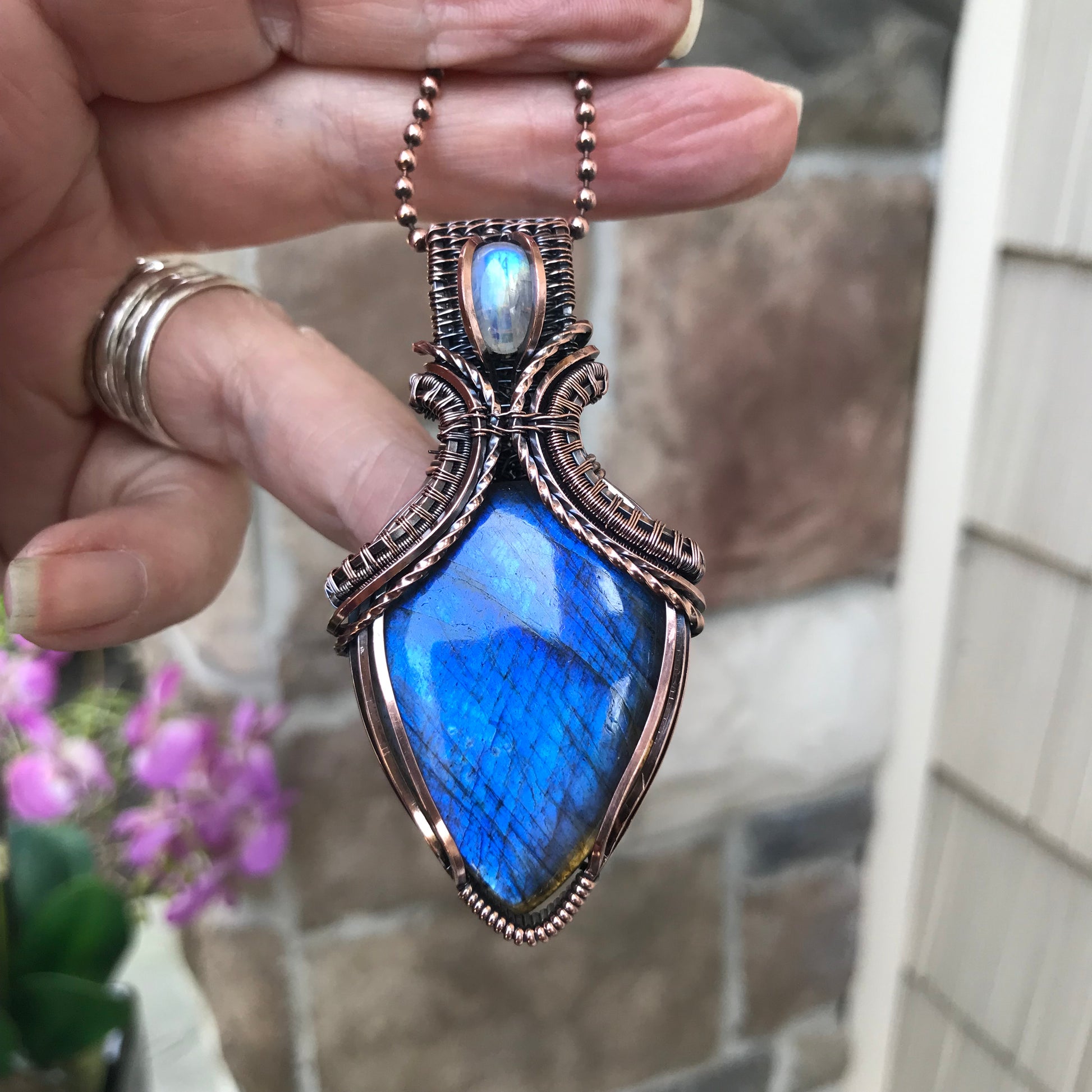 Blue Labradorite & Moonstone Copper Pendant with Weaving