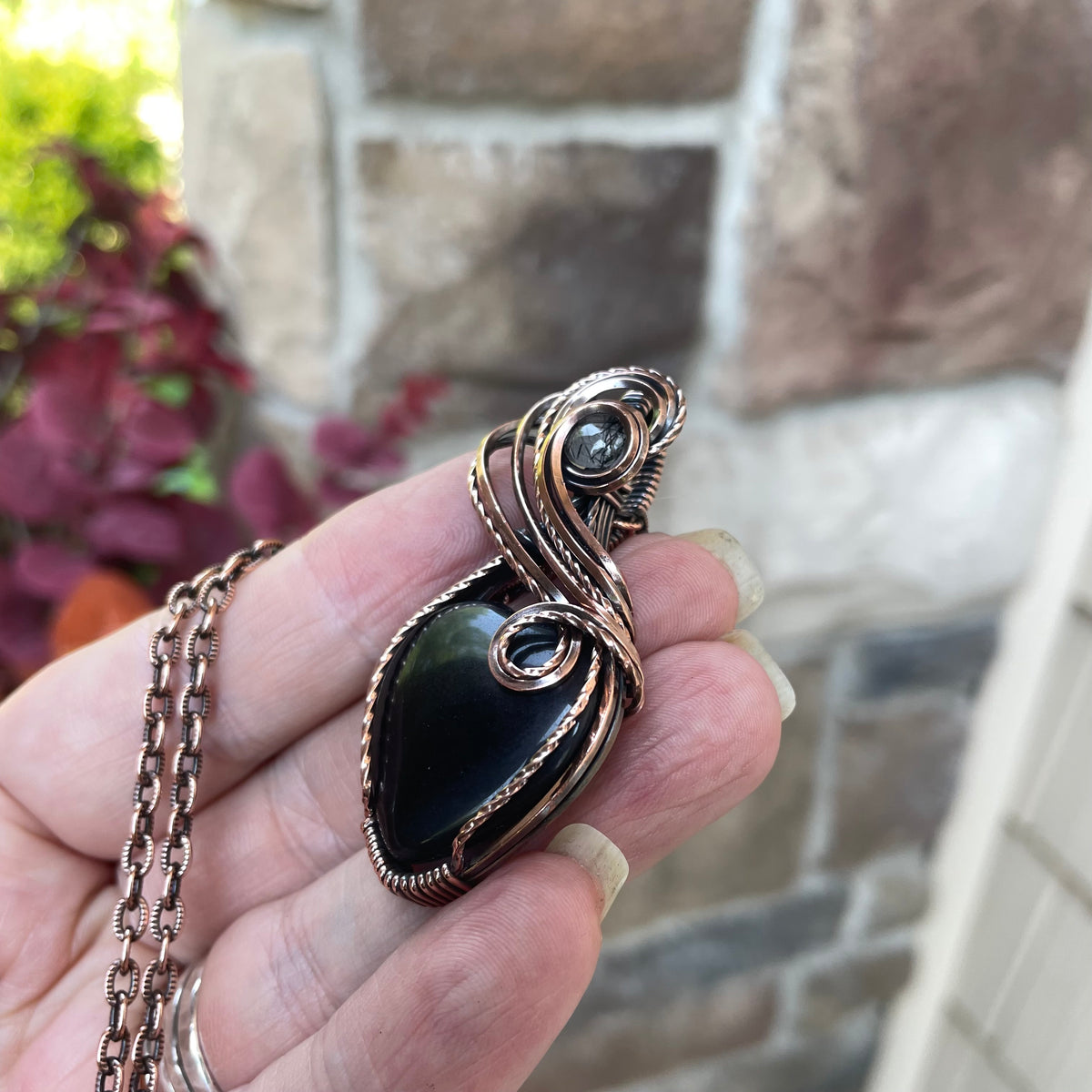 Obsidian & Rutile Quartz Heart Copper Pendant
