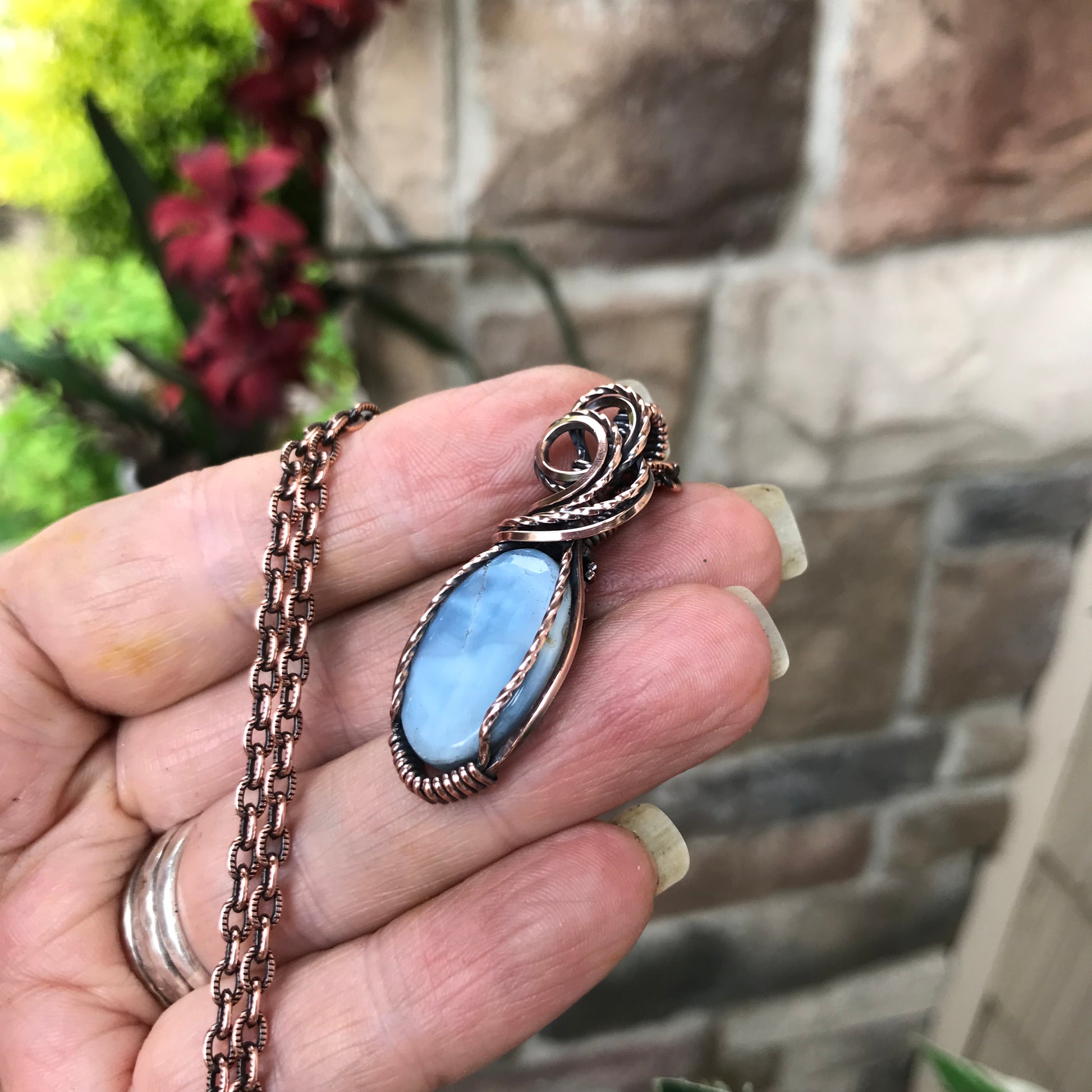 Blue Opal Oval Copper Pendant