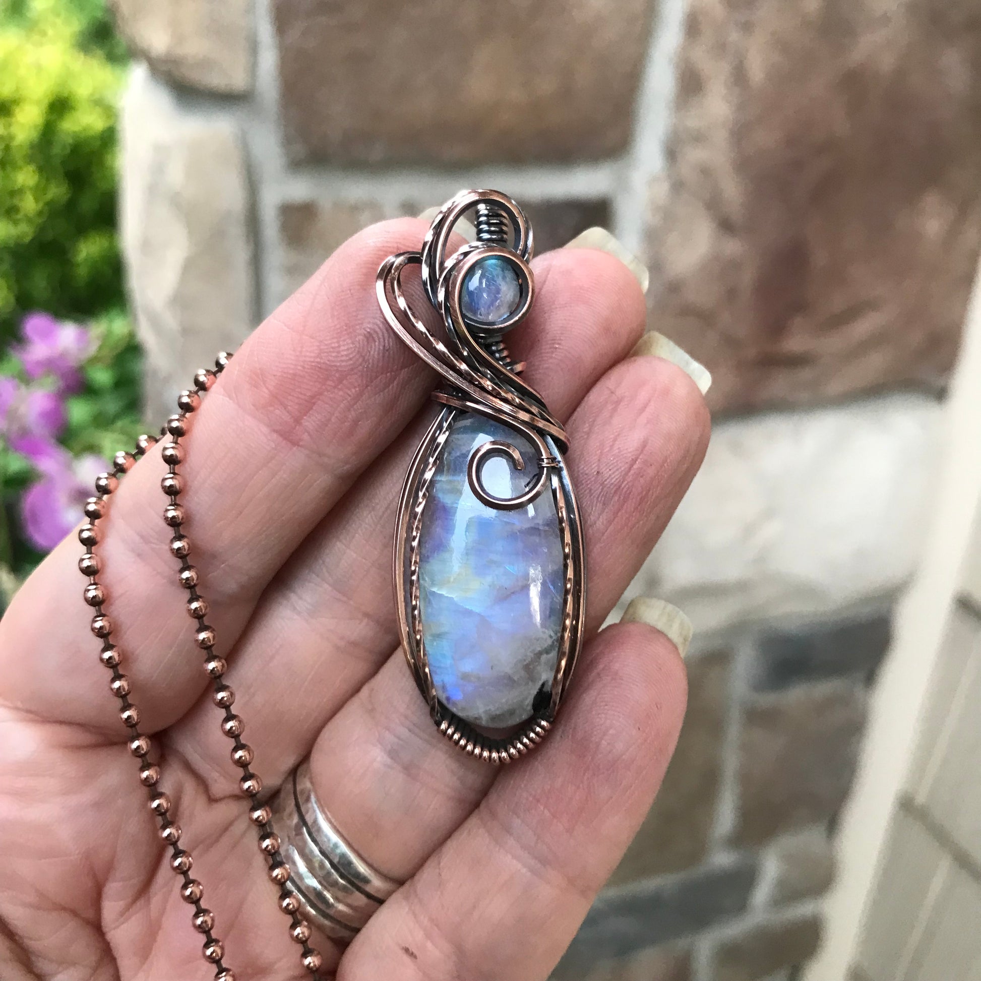 Moonstone with Tourmaline Swirly Copper Pendant
