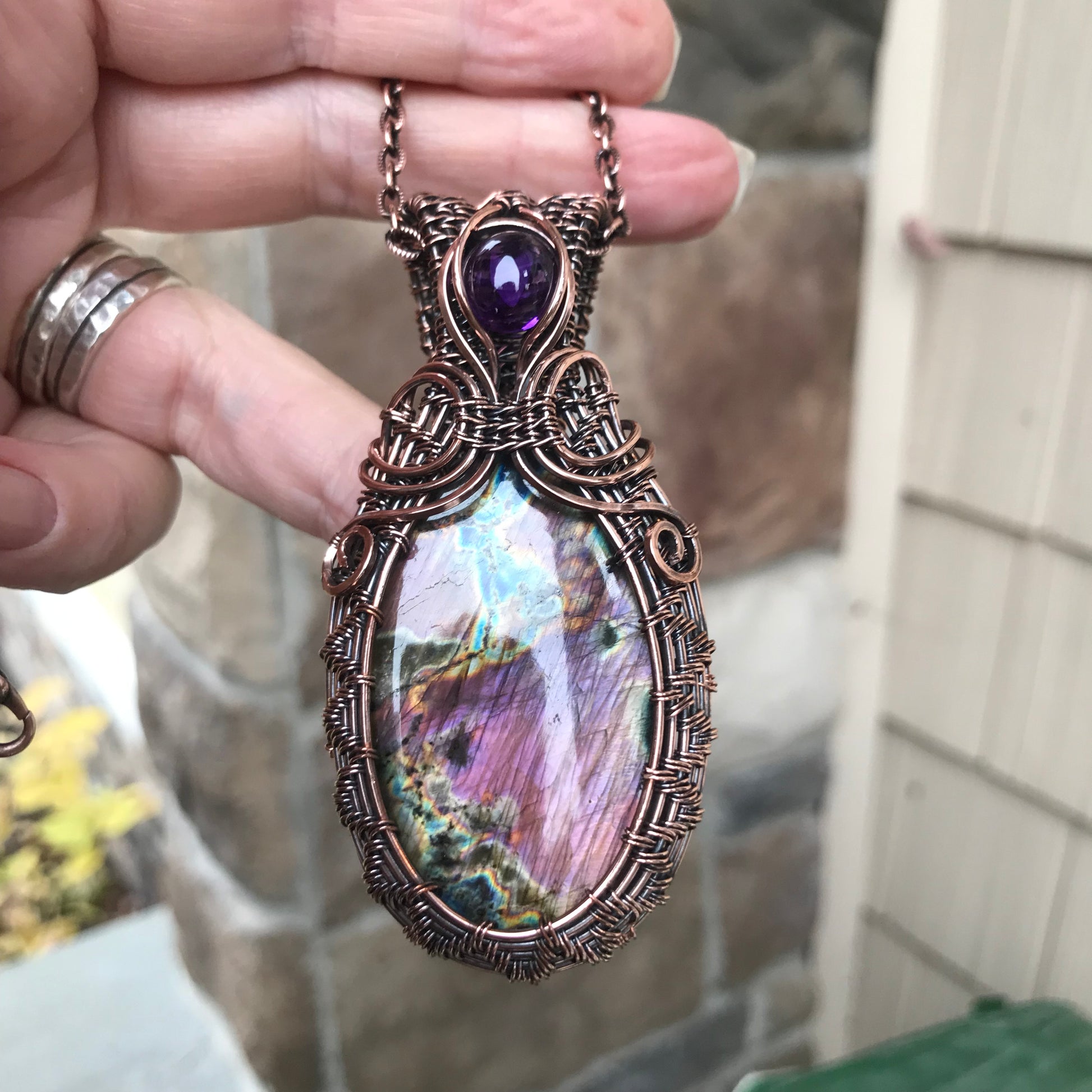 Purple Pink Labradorite & Amethyst Oval Copper Woven Pendant