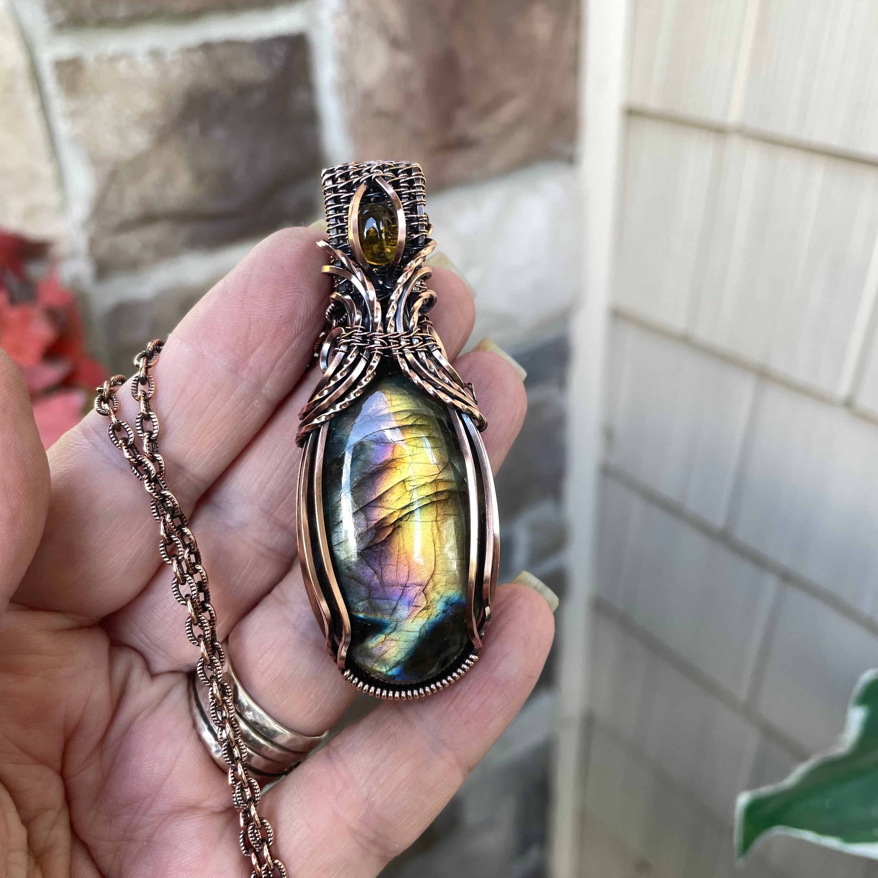 Rainbow Labradorite & Citrine Copper Necklace with Woven Bail