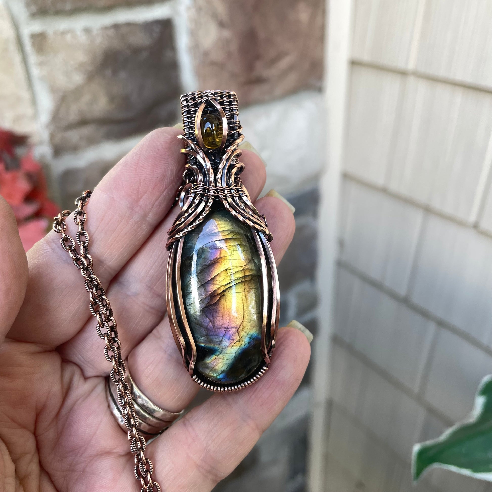 Rainbow Labradorite & Citrine Copper Necklace with Woven Bail