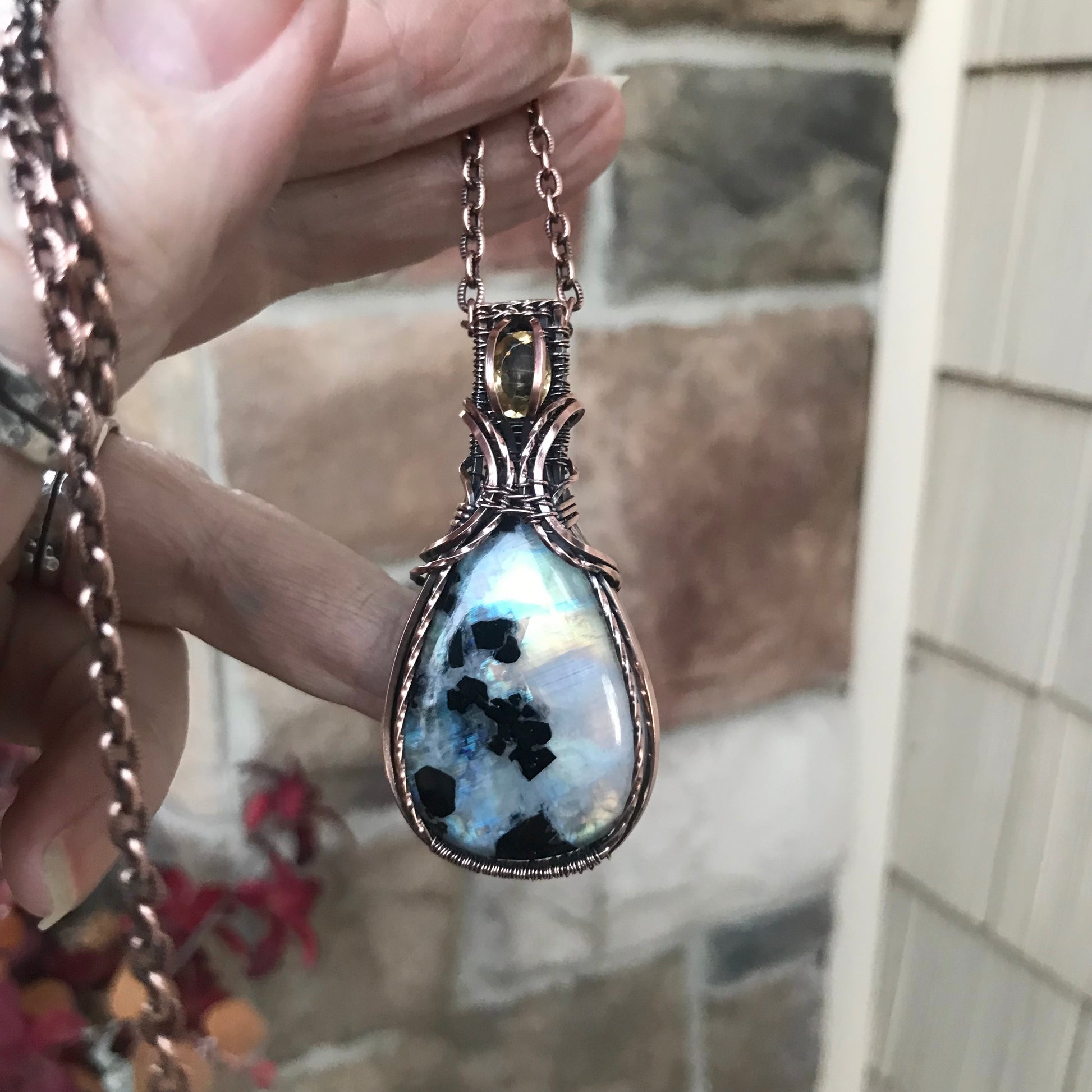 Rainbow Moonstone & Citrine Copper Pendant with Weaving