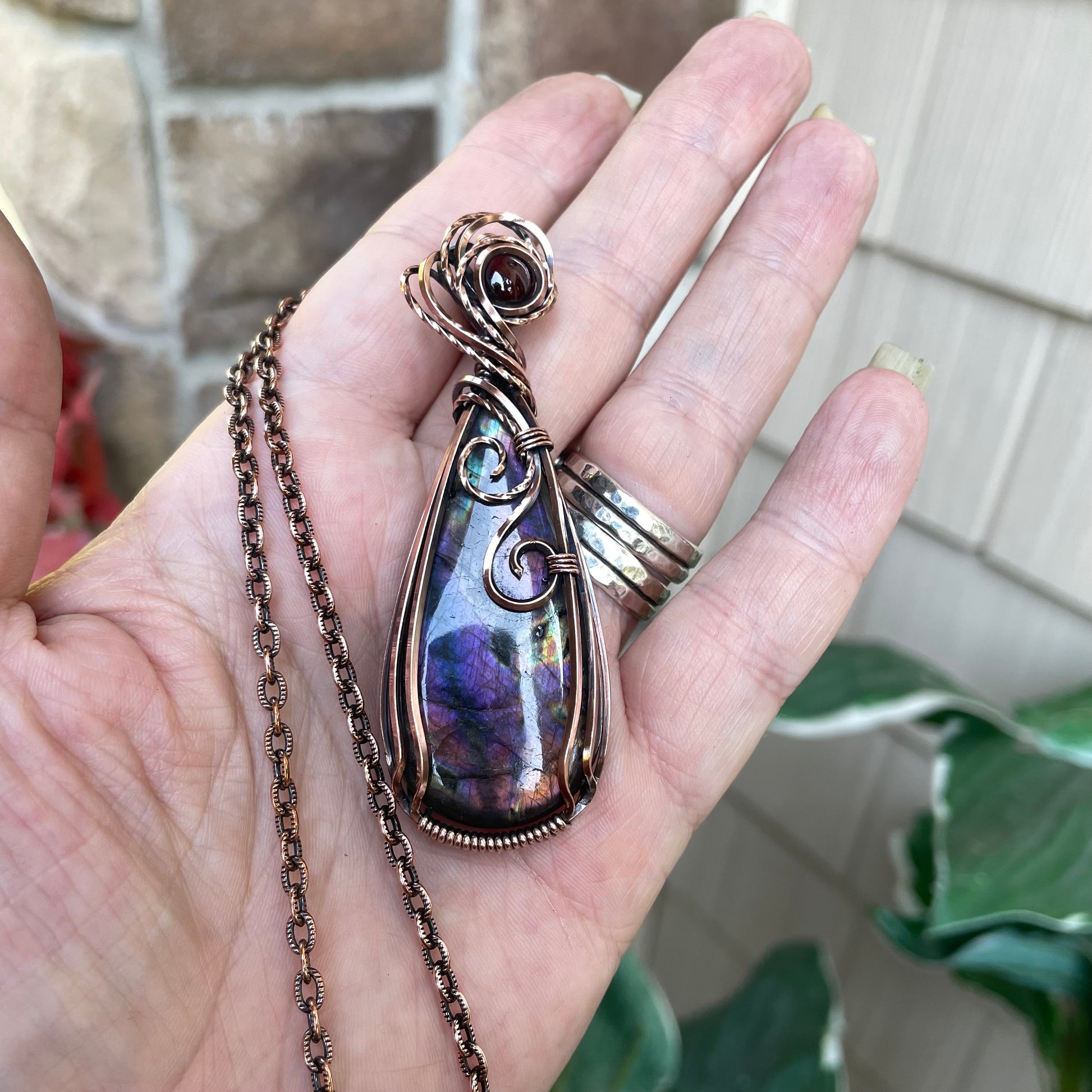 Purple Orange Labradorite & Garnet Copper Pendant