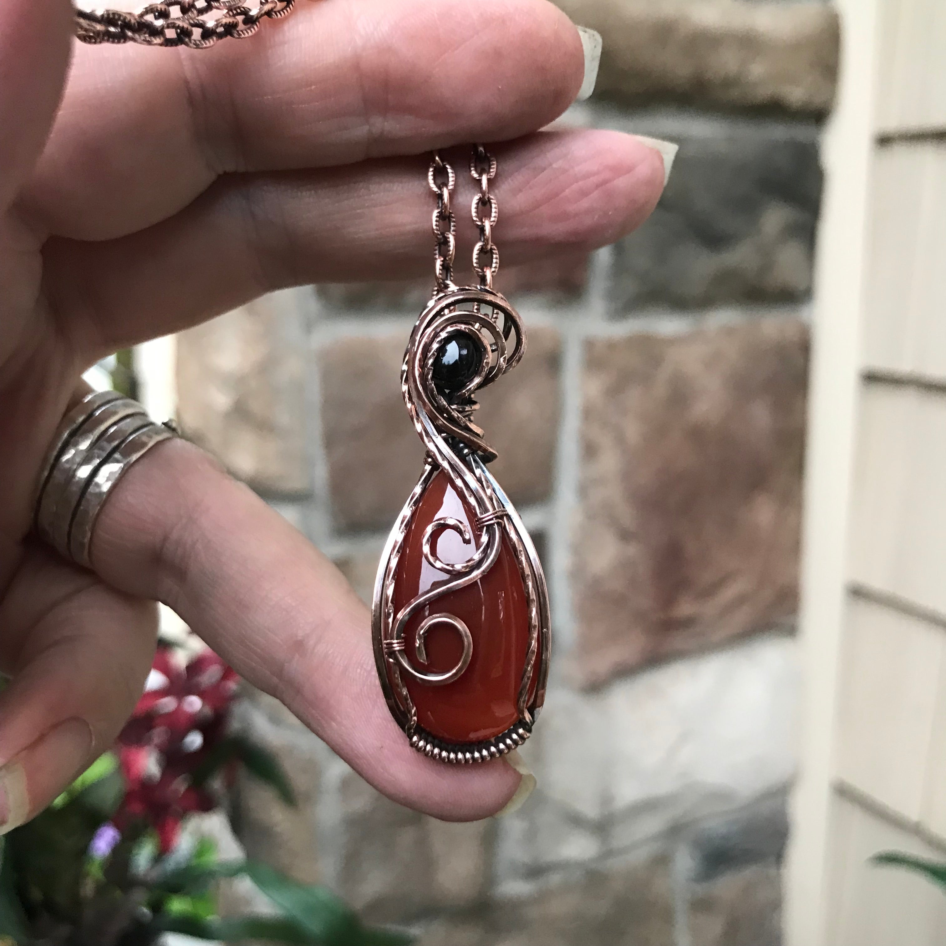 Carnelian & Smoky Quartz Teardrop Copper Pendant
