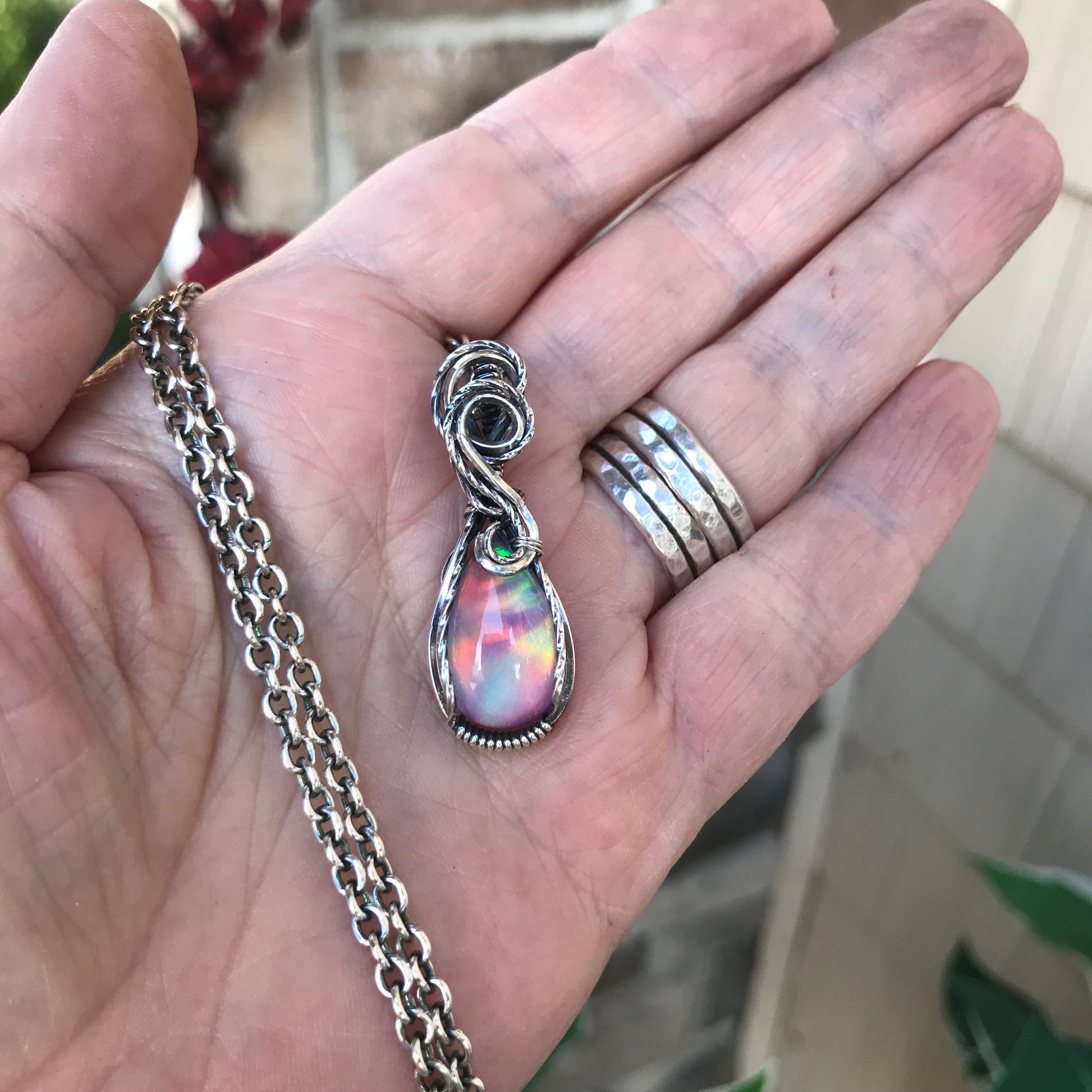 Aurora Opal Sterling Silver Pendant