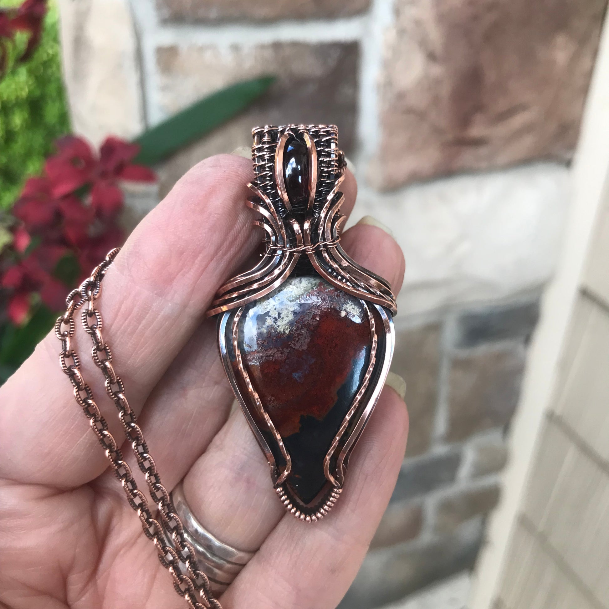 Maroon Crazy Lace Agate & Garnet Copper Pendant