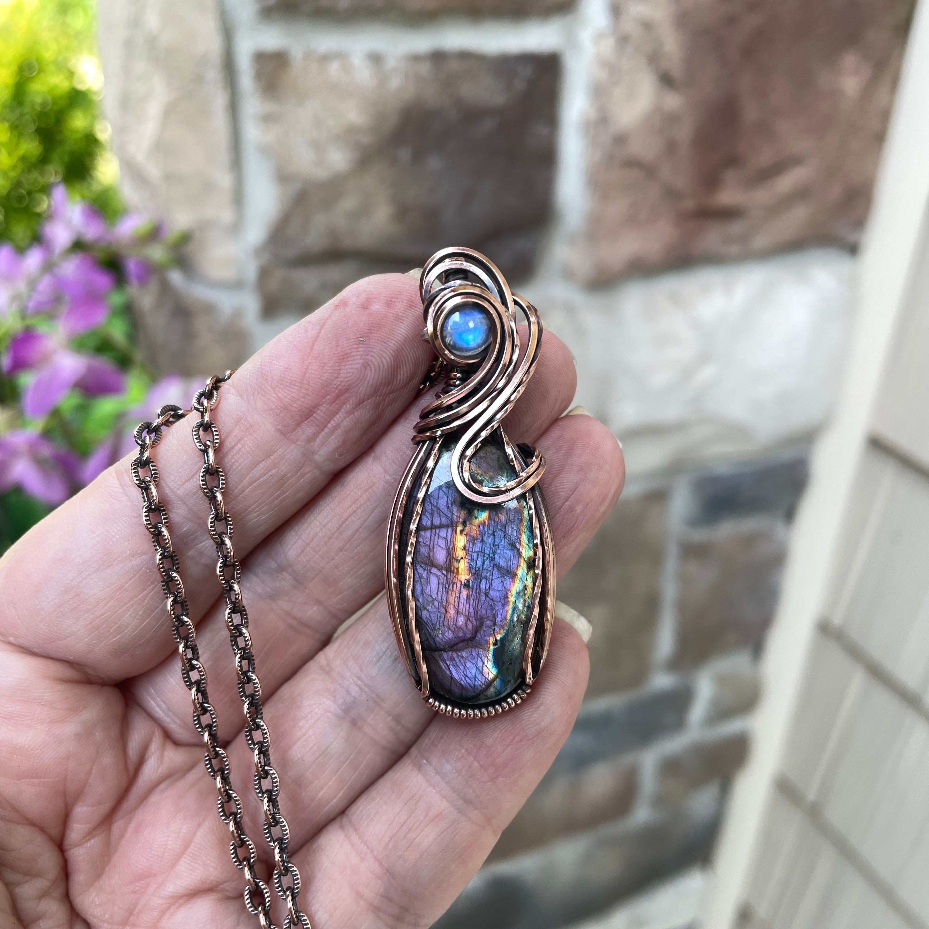Purple Labradorite & Moonstone Oval Copper Pendant
