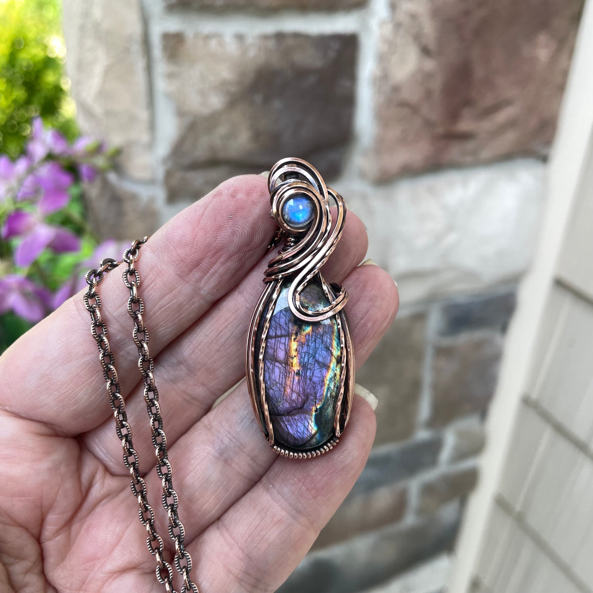 Purple Labradorite & Moonstone Oval Copper Pendant
